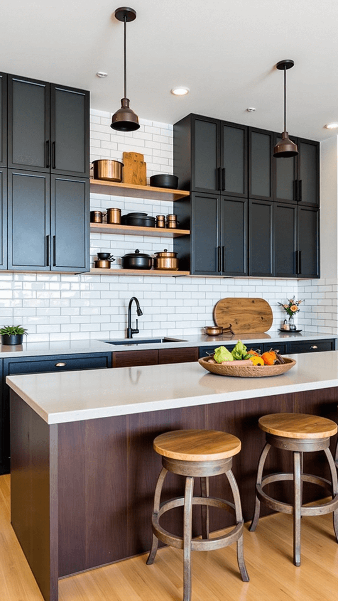Modern urban kitchen featuring polished concrete countertops, subway tile backsplash, blackened steel cabinets with frosted glass fronts, industrial aged zinc pendant lights, open shelving with copper cookware and black ceramics, illuminated by even overhead and focused task lighting.