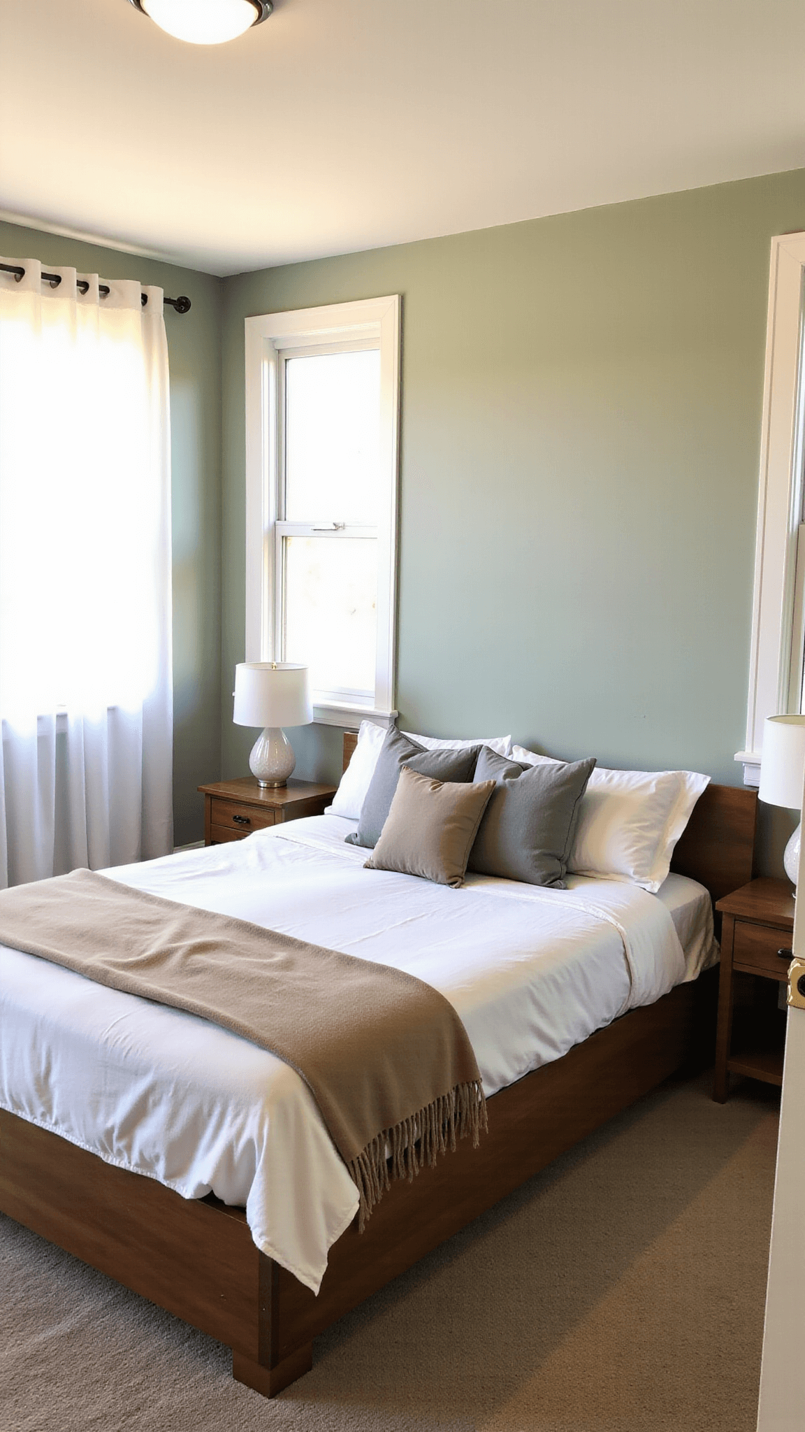 Master bedroom during golden hour with a platform bed, white linens, oatmeal cashmere throw, gray linen pillows, teak nightstands, ceramic lamps, sheer curtains, and a green accent wall, with natural and practical light.