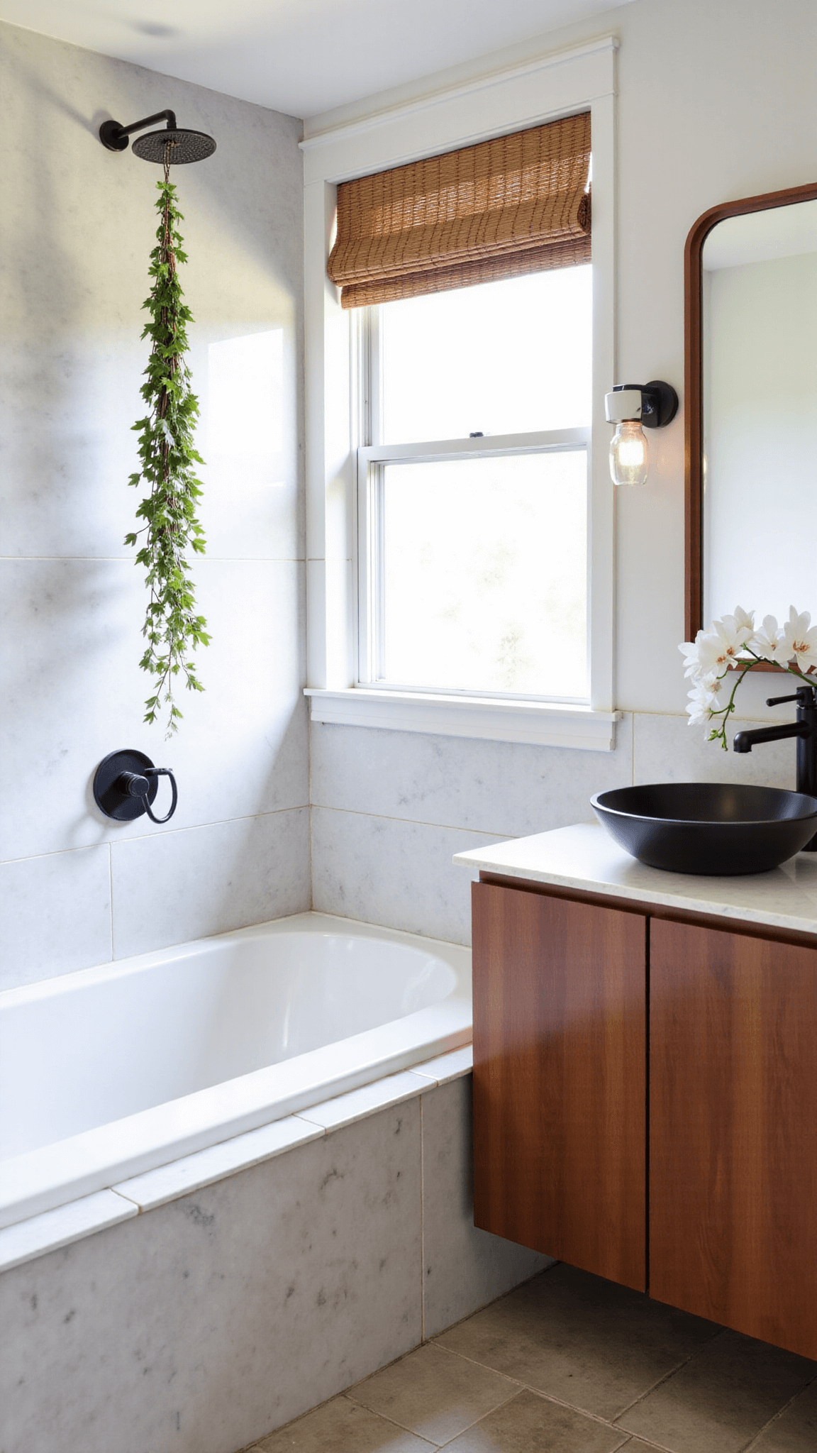 Modern bathroom with wooden vanity, vessel sink, marble tiled wall with soaking tub, natural stone floor, eucalyptus bundle hanging from shower head, and woven bamboo roman shade.