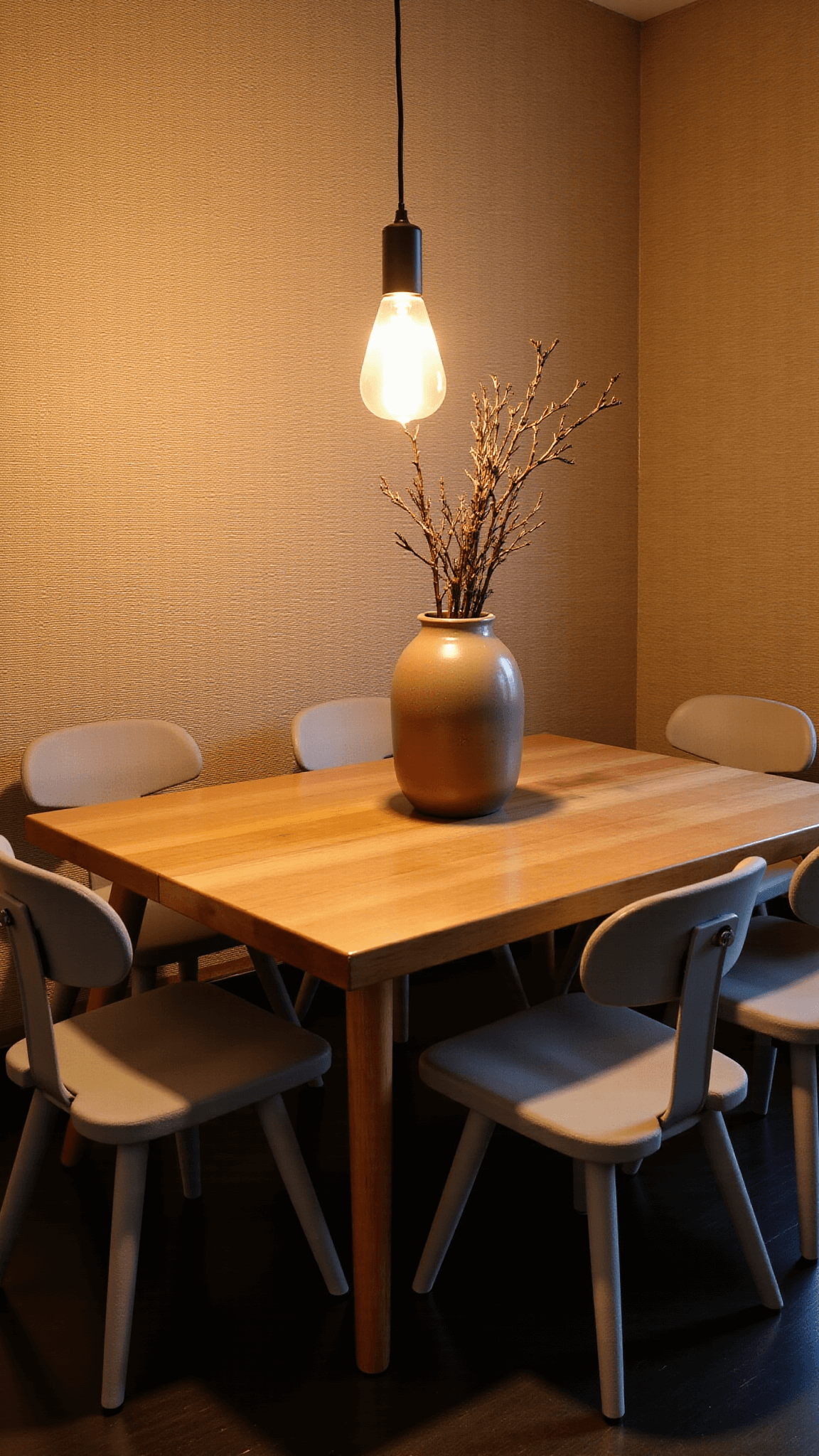 Moody evening lighting highlighting a 10x12ft dining space with a solid oak table and six light gray low-profile chairs. An oversized ceramic vase with a single branch arrangement on the table, and a pendant light with a warm Edison bulb. The room features textured grasscloth wallpaper in warm beige, captured from a low camera angle.