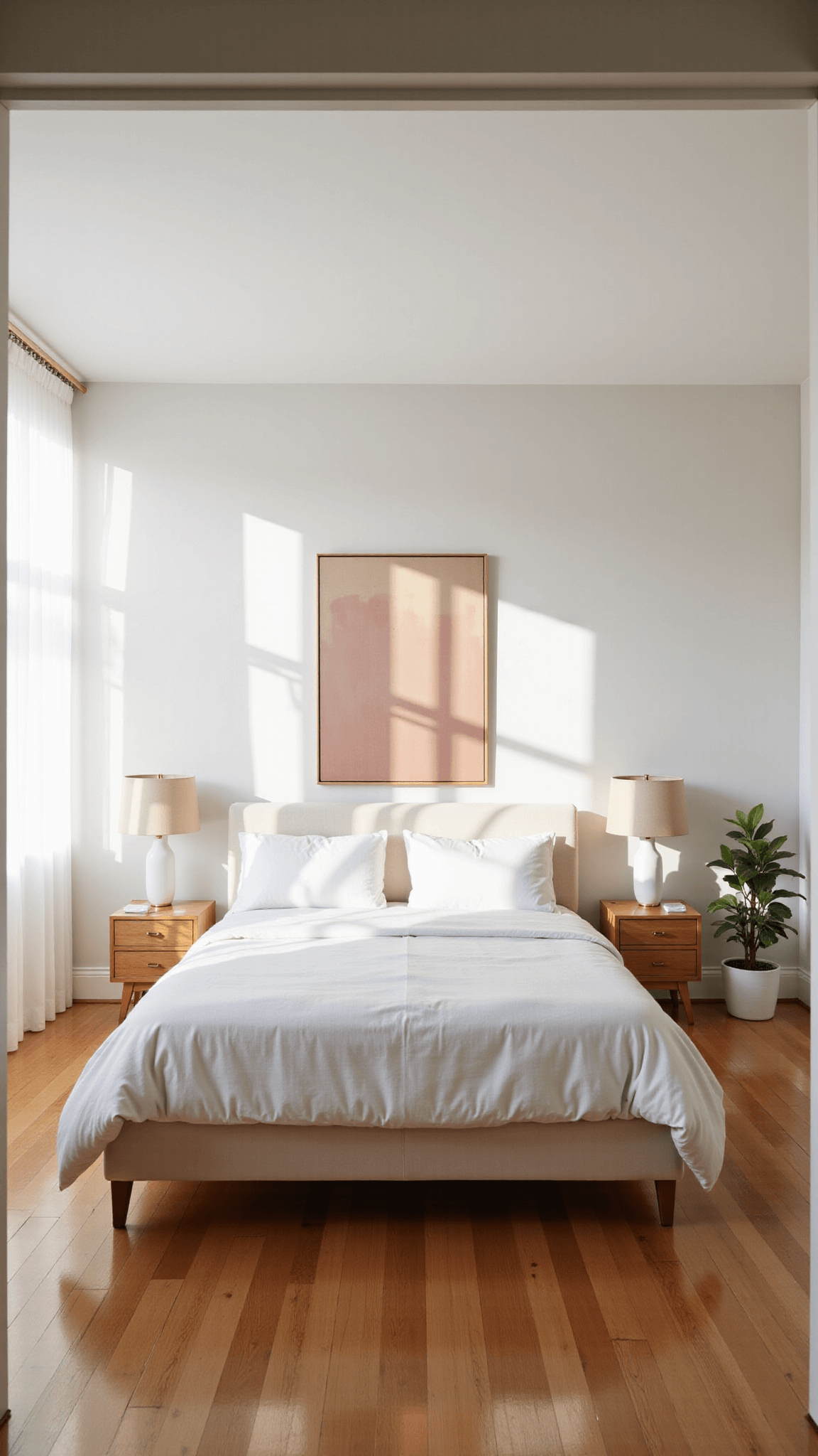 Sunlit minimalist bedroom with king bed, sheer curtains, pale oak flooring, abstract canvas artwork, ceramic lamps and gold accents