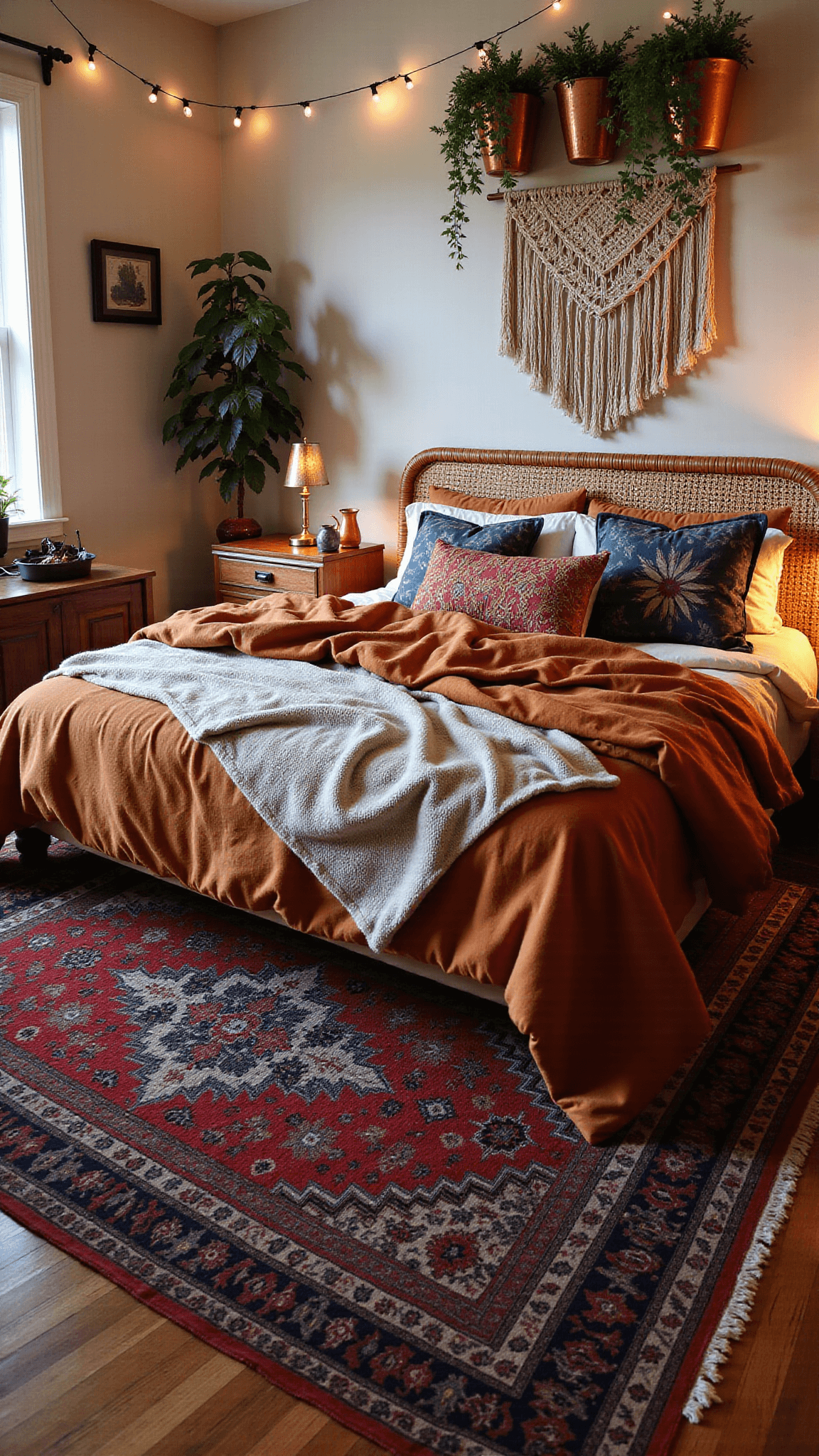 Bohemian-style bedroom featuring vintage Persian rugs, rumpled terracotta bedding, macramé wall art, hanging plants, and warm amber lighting.