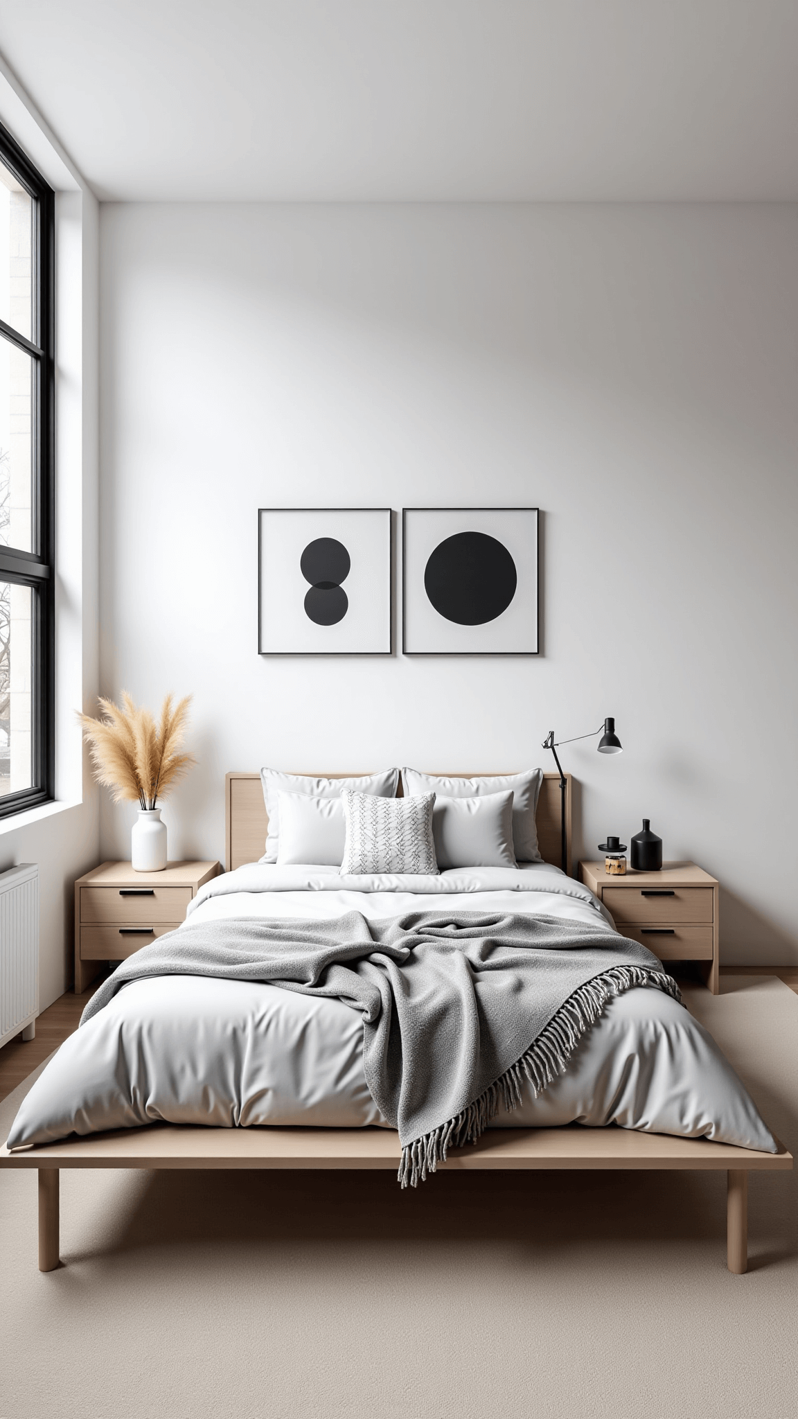 Morning light illuminating a modern, minimalist Scandinavian bedroom with light gray linens on platform bed, black and white wall decor, and natural materials creating a serene atmosphere.