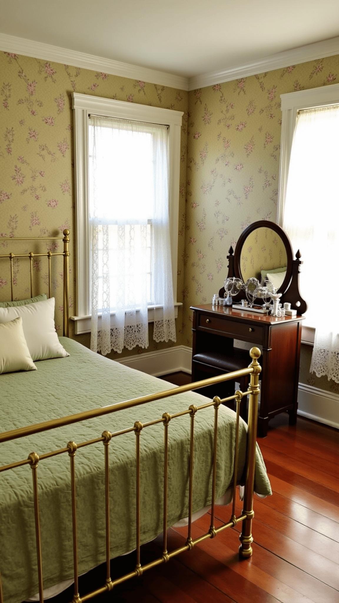 Vintage-inspired bedroom with brass bed, sage green and cream quilted bedding, floral wallpaper, antique vanity, and lace curtains during afternoon golden hour.