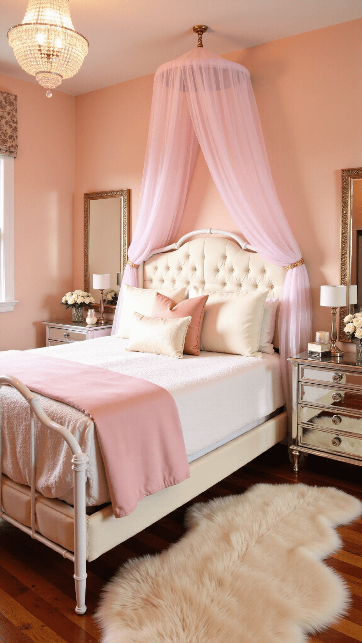 Cozy pink and white Coquette-style bedroom at sunset with crystal chandelier, mirrored furniture, and fresh roses