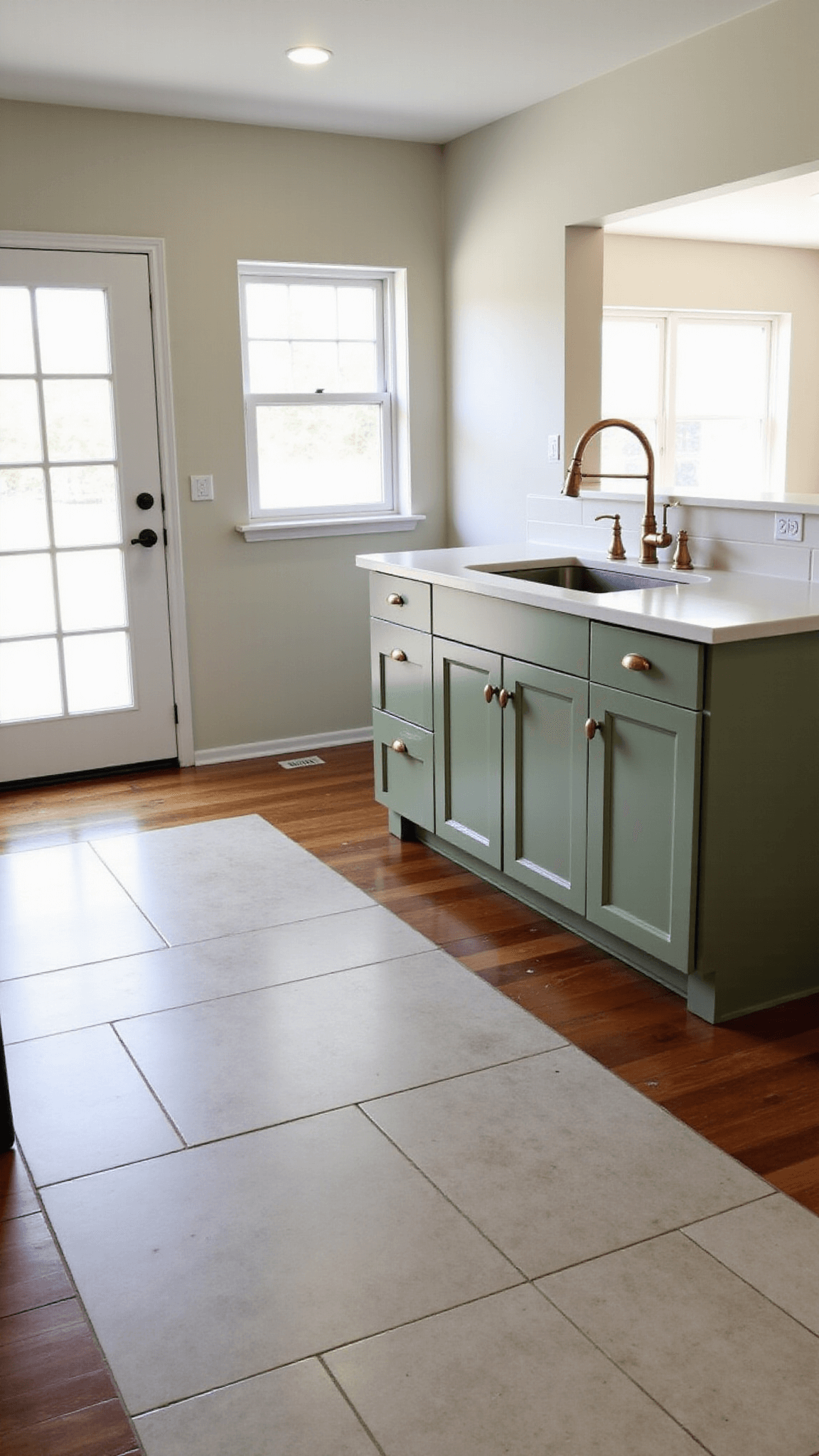 Wide-angle view of large kitchen with ceramic wood-look tiles transitioning to hardwood floors, sage green cabinets, brass fixtures, and natural light filtering through French doors