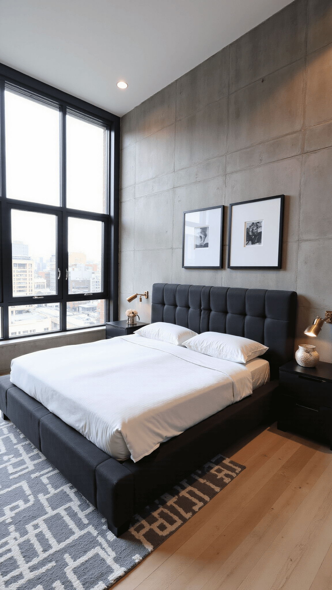 High-angle view of a contemporary 15x17ft bedroom with charcoal upholstered platform bed against a concrete wall, floor-to-ceiling windows with urban views, mixed brushed brass and chrome accents, a geometric gray and white rug, minimalist black and white photographs, sleek built-in nightstands, and ambient LED lighting.
