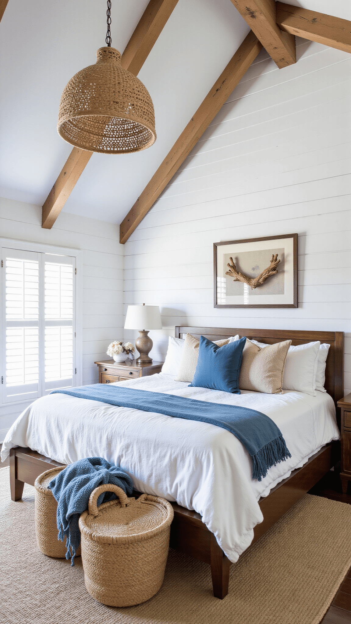 Coastal-inspired bedroom with white shiplap walls, vaulted ceiling with exposed beams, and king bed with ocean blue and sandy beige rumpled linens, photographed at dawn with filtered morning light.