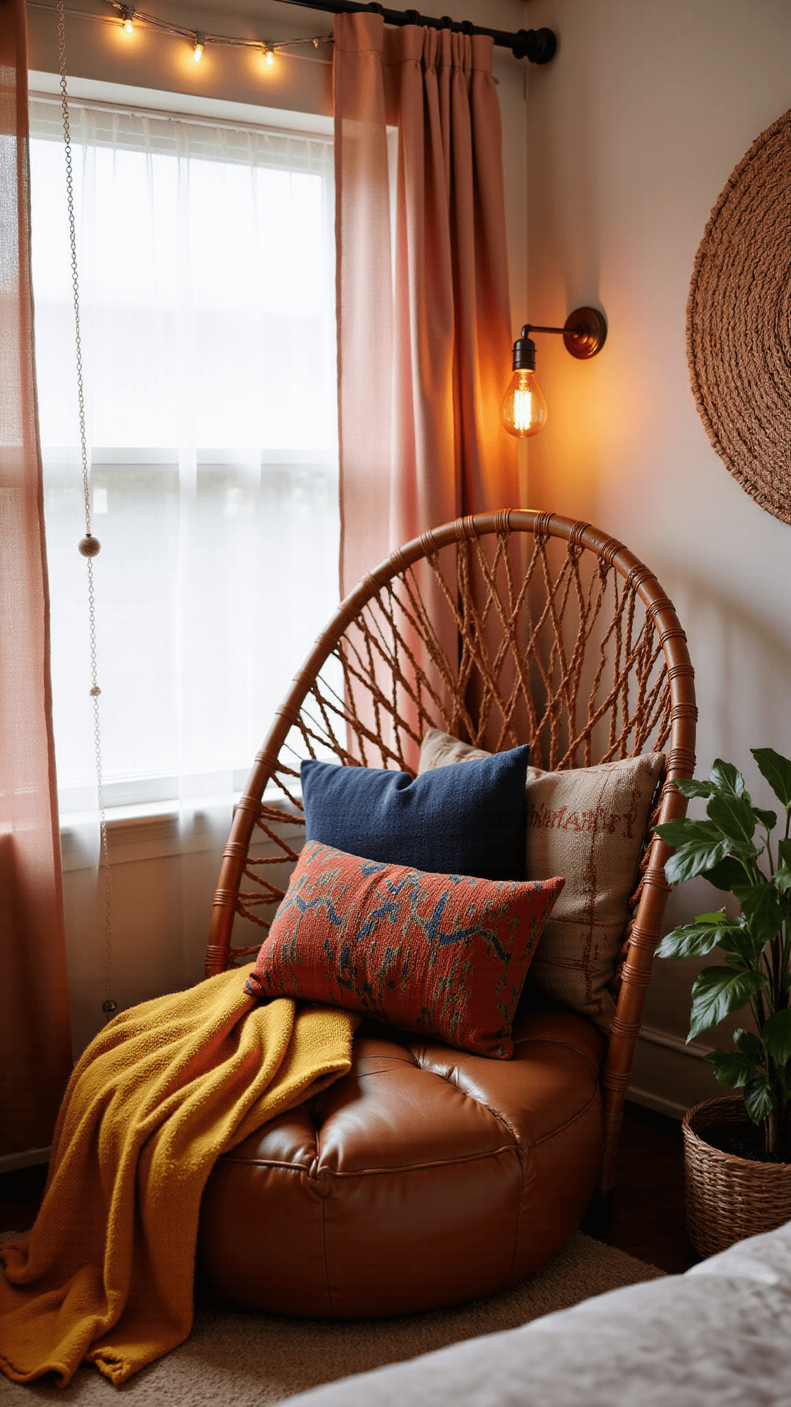 Boho bedroom corner at twilight with blush curtains, string lights, rattan chair, vintage leather cushion topped with kilim pillows, mustard yellow wool throw, brass lamp, and natural fiber wall art