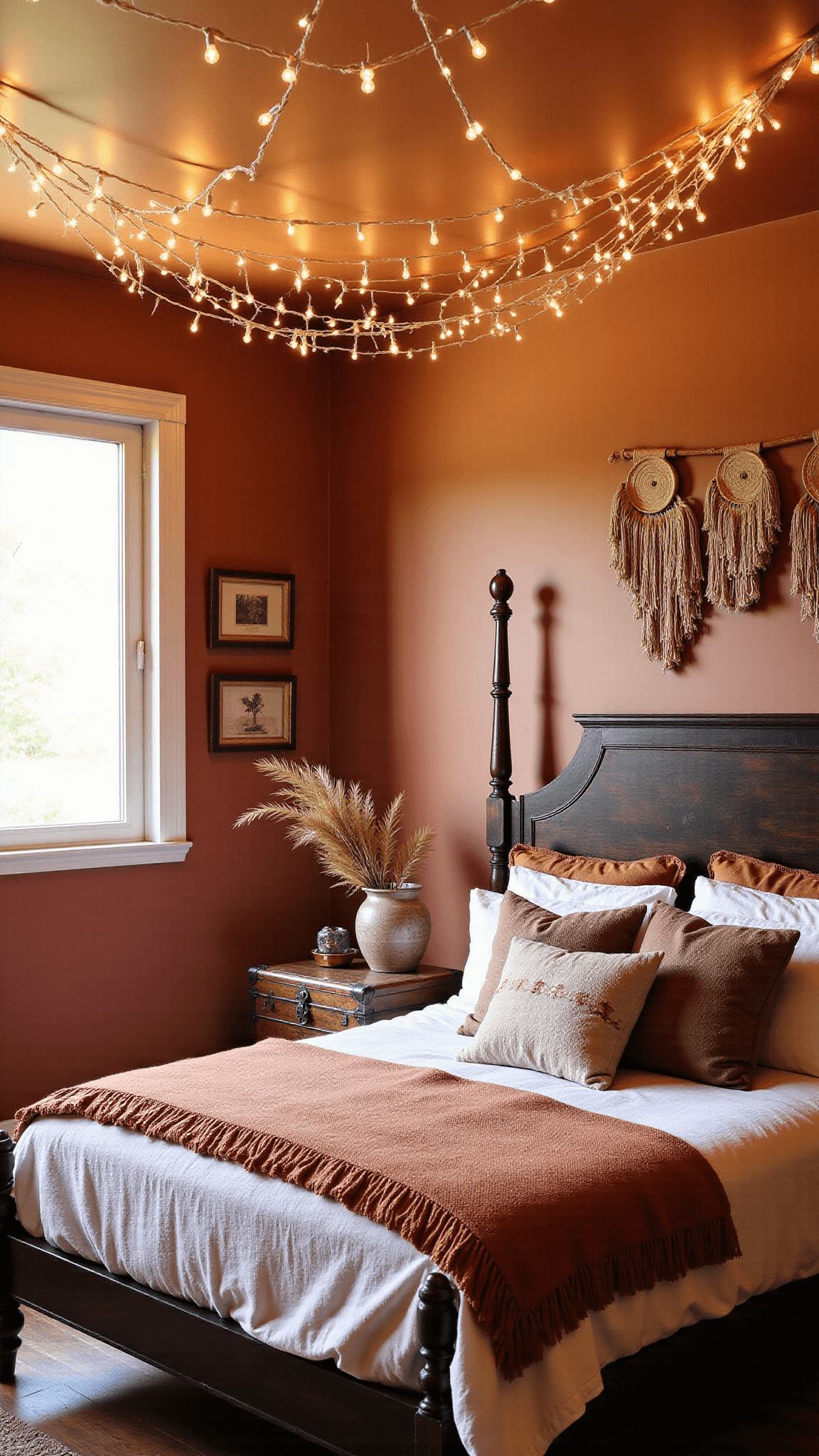 Boho sanctuary with morning light streaming through windows, a queen bed adorned with earth-toned blankets and tasseled cushions, vintage trunk nightstand, terracotta accent wall, and ceiling draped with white curtain lights.