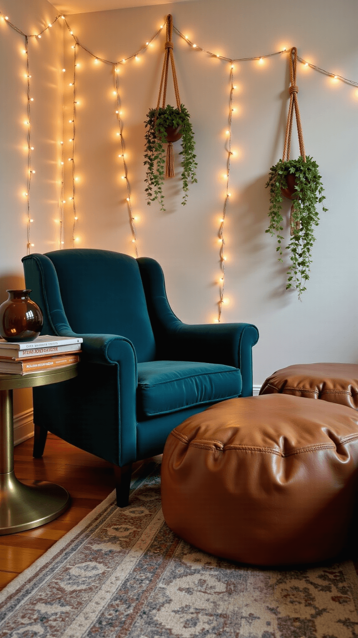 Dusk view of a boho-style reading corner featuring a teal velvet armchair, brass side table with vintage books and vase, Moroccan rugs, leather floor poufs, and macramé plant hangers with trailing pothos, all under a fairy light cocoon.