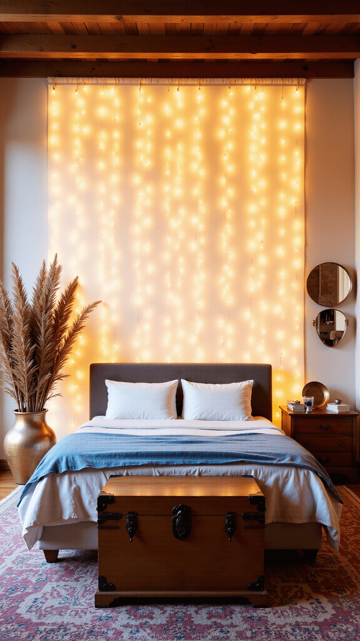 Sunlit 16ft bedroom with floor-to-ceiling curtain light installation, queen bed with stonewashed linen, vintage trunk, layered Turkish rugs, dried palm fronds in earthenware vessel, and collection of brass mirrors reflecting the light.