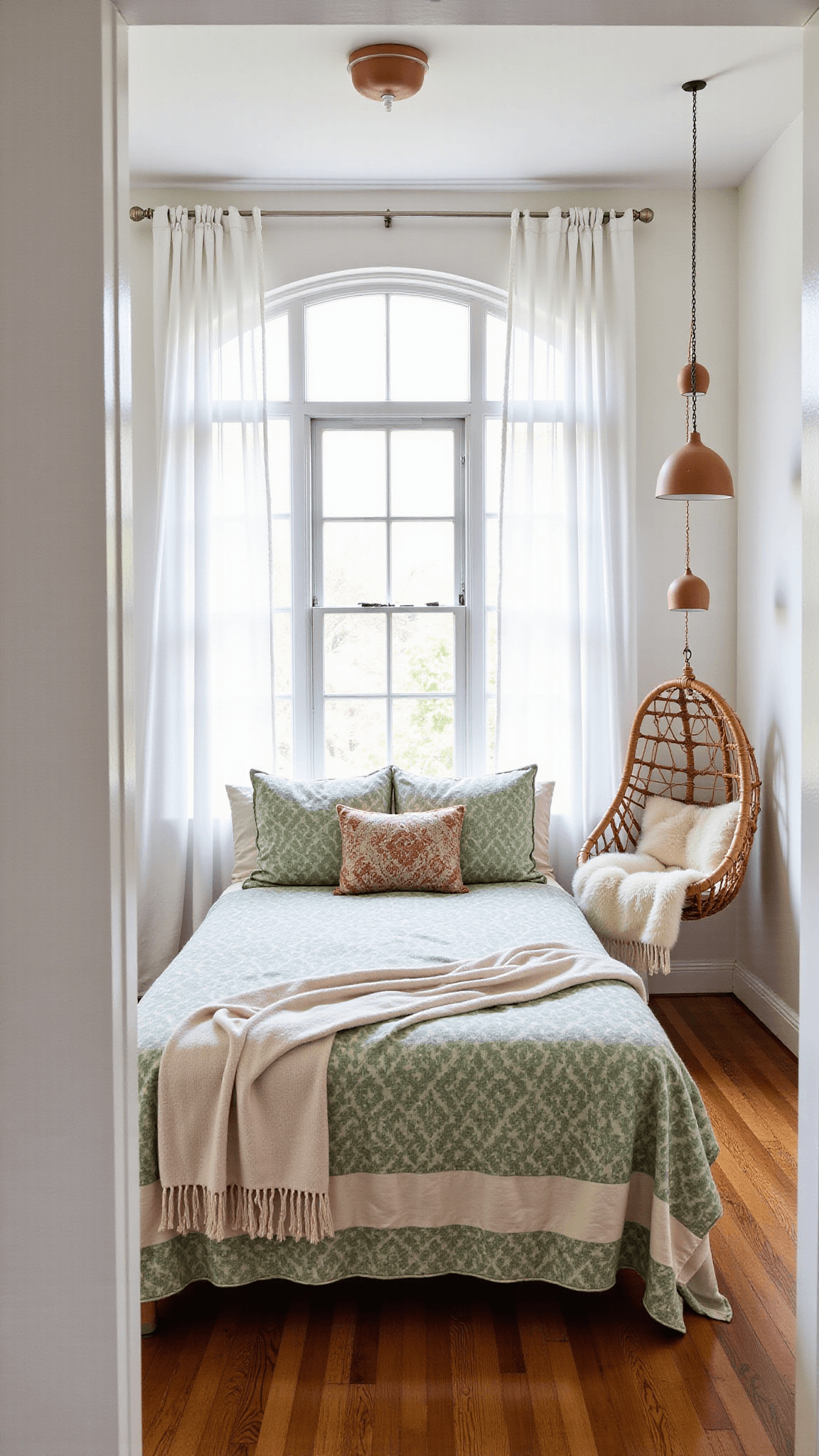 Dawn light illuminating a boho bedroom with curtain lights, a low-profile platform bed with Indian block print bedding, a rattan hanging chair draped with sheepskin, and clay pendant lights