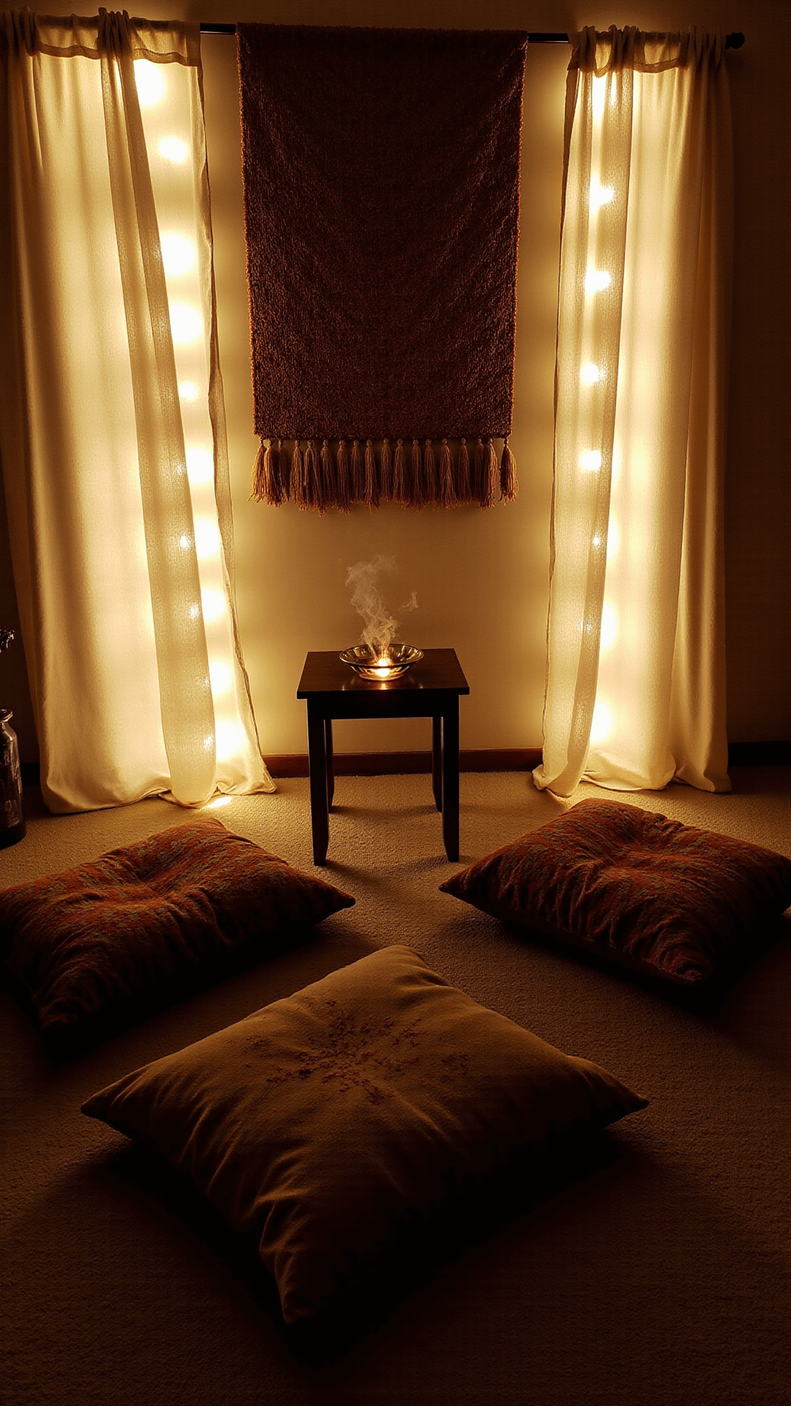 Boho bedroom with meditation area, Berber cushions, wooden table, brass incense holder, and luminous curtain lights creating a moody evening atmosphere