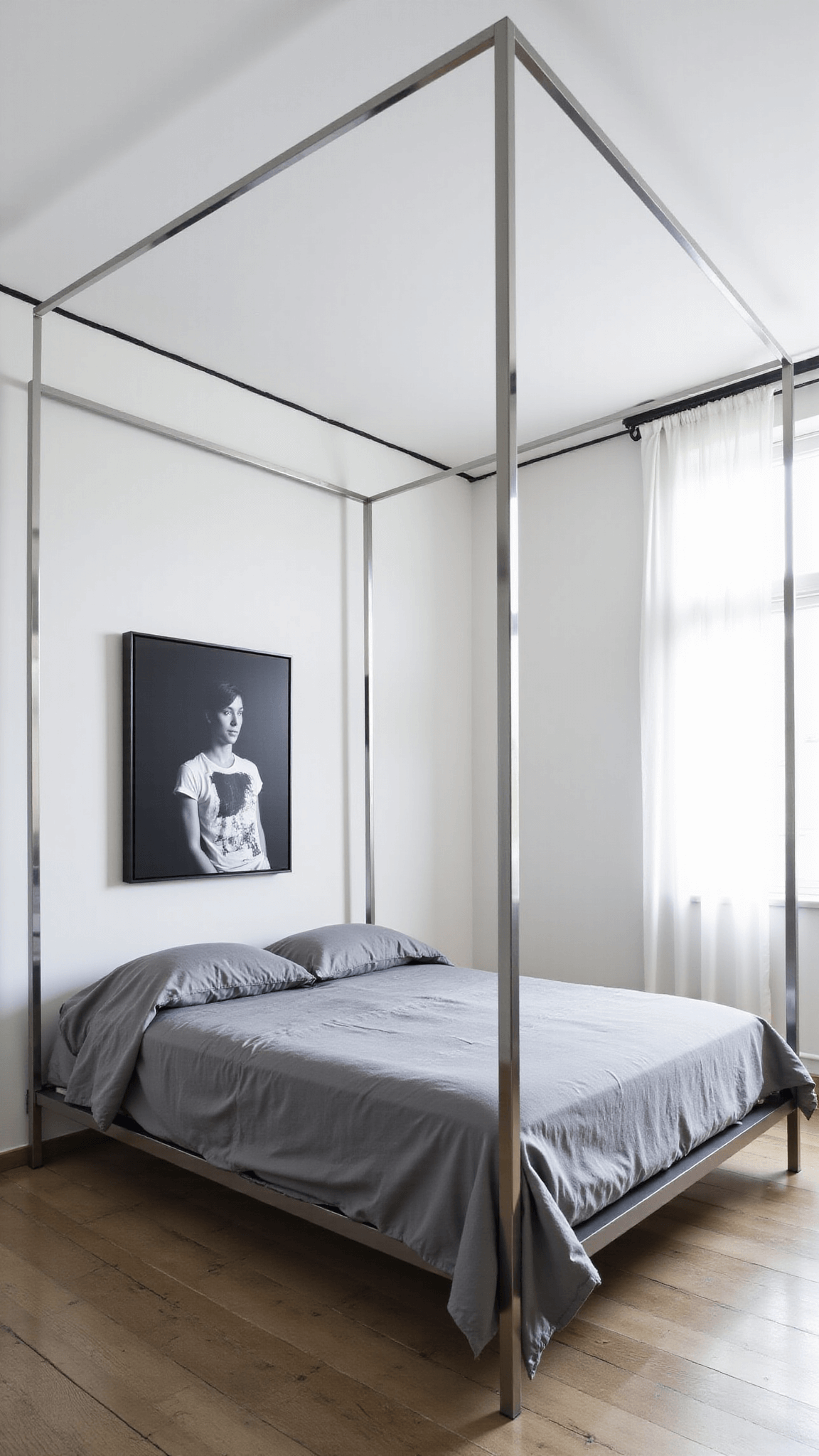 Minimalist contemporary bedroom with sleek chrome canopy bed, monochromatic grey bedding, a large abstract black and white art piece, and floor-to-ceiling windows with white drapes.