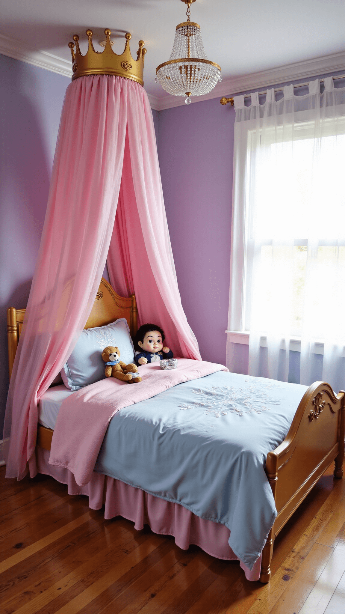 Dreamy toddler's bedroom with soft morning light, featuring a pink and gold Disney princess canopy bed, Cinderella-themed bedding, stuffed animals, and a vintage crystal chandelier, all against a lavender wall.