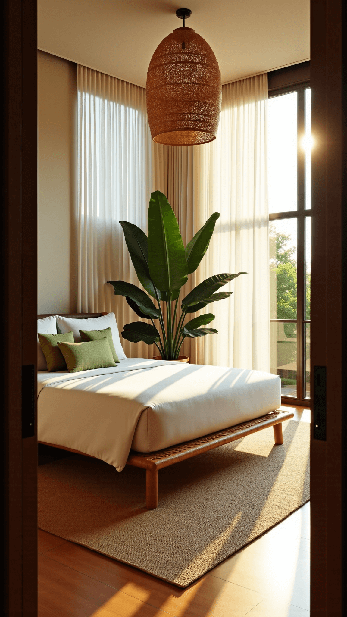 Sun-drenched, serene tropical master suite with floor-to-ceiling windows, rattan bed, monstera and bird of paradise plants, and jute rug over bamboo flooring at golden hour.