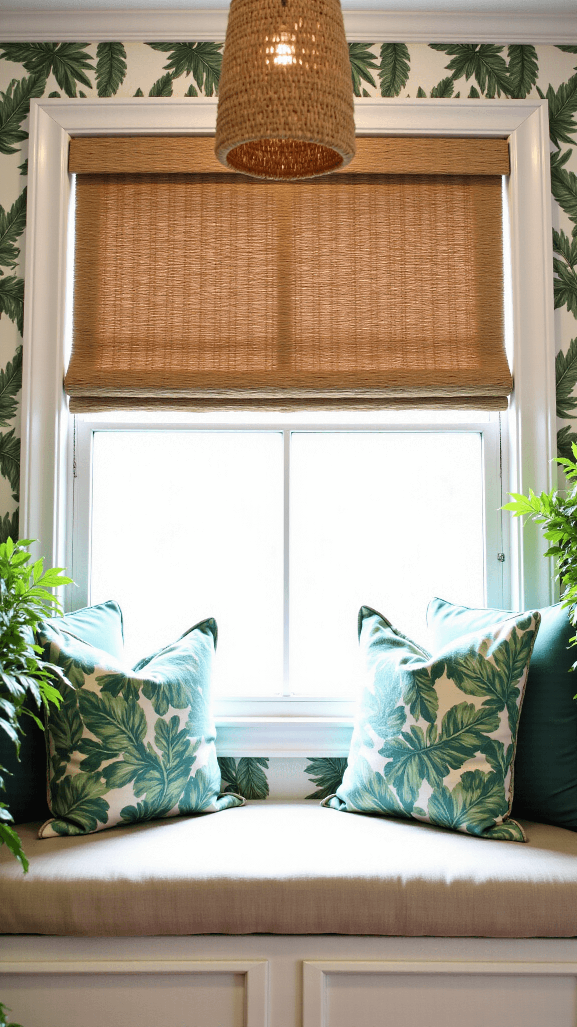 Custom 6ft window nook in a tropical retreat theme with white frame, botanical wallpaper, built-in bench with tropical print pillows, woven grass shade, rattan pendant light, and small potted palms.