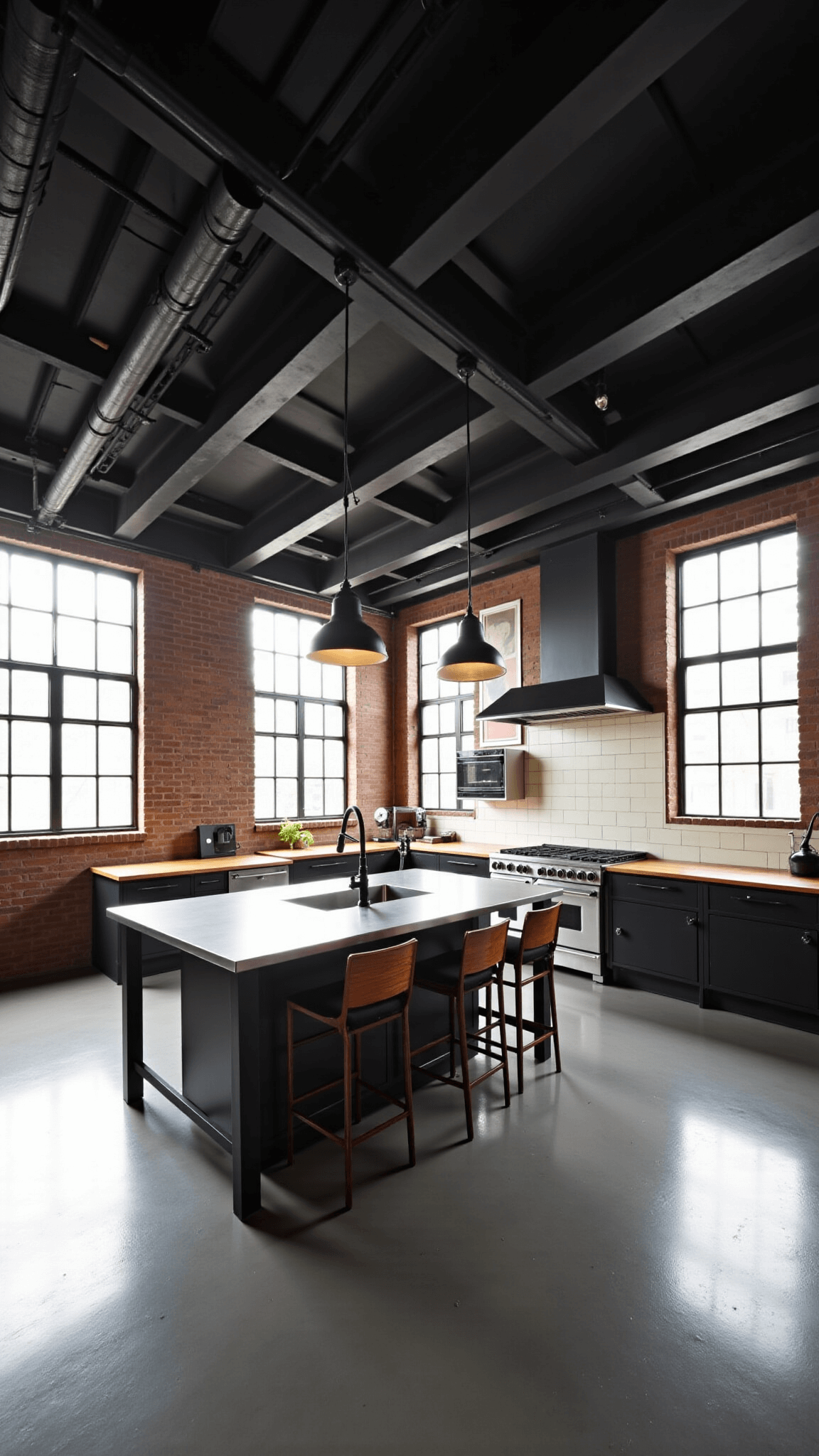 Aerial view of an industrial loft kitchen with high ceilings, exposed steel beams and ductwork, polished concrete floors, a zinc-topped island with pendant lights, and stainless steel appliances in a converted warehouse space.