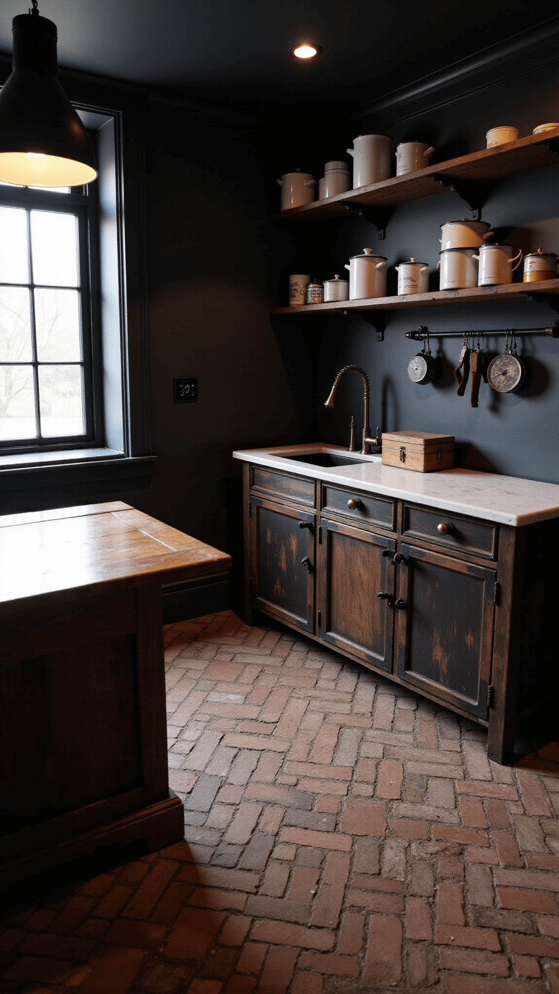 Detailed view of weathered herringbone brick flooring in a vintage-style kitchen lit by industrial pendant lamps, with distressed wooden island and vintage enamelware on display.