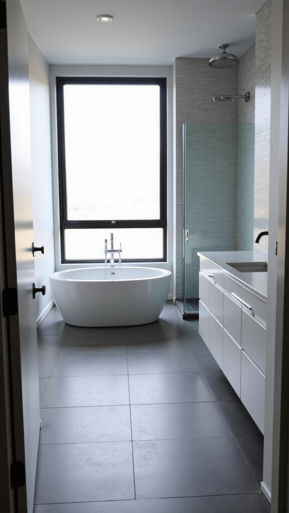 Modern minimalist bathroom with floor-to-ceiling frosted glass windows, gray porcelain tiled floor, white vanity, freestanding oval tub, and frameless glass shower, bathed in soft morning light.