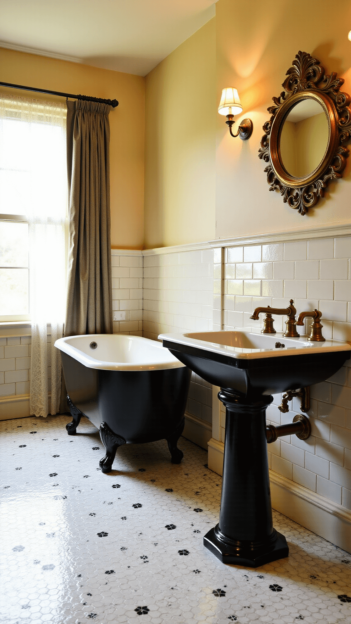 Vintage-inspired bathroom with classic architectural moldings, a glossy black clawfoot tub, cream subway-tiled walls, a pedestal sink with brass fixtures, and white hexagonal floor tiles with black flower patterns.