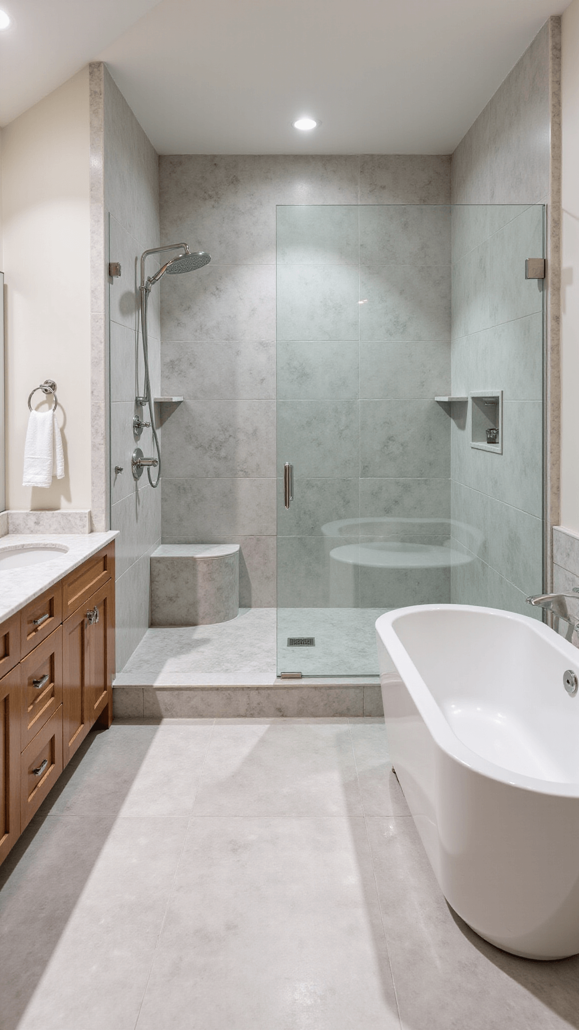 Elevated view of a spacious luxury spa bathroom with vaulted ceiling, silver travertine stone tiles, oversized rainfall shower, double vanity with marble top, and freestanding tub on raised platform.