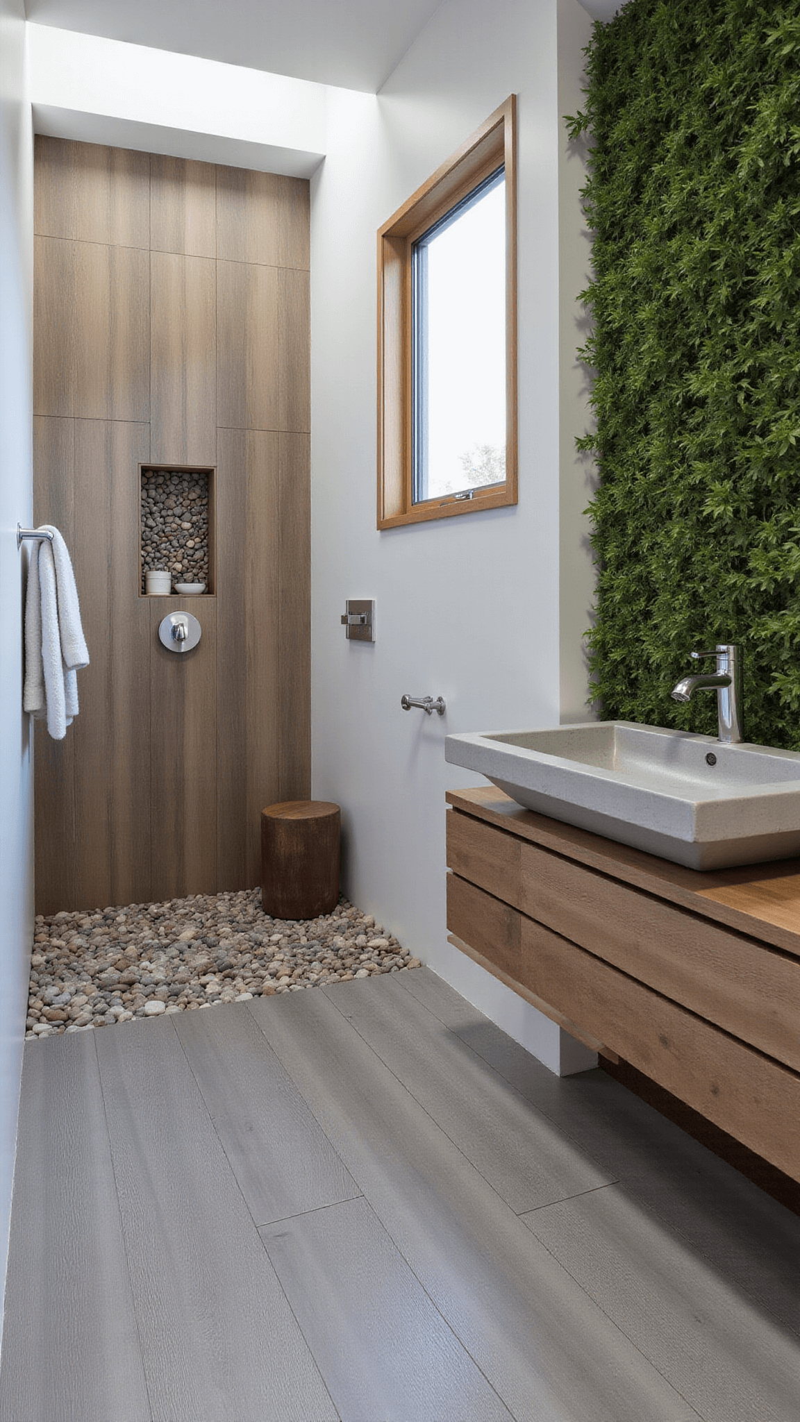 Wide-angle view of a natural zen bathroom with bamboo screen window, gray wood-look porcelain tile flooring, river rock shower floor, pebble tile accent wall, floating teak vanity with concrete vessel sink and a living wall of air plants