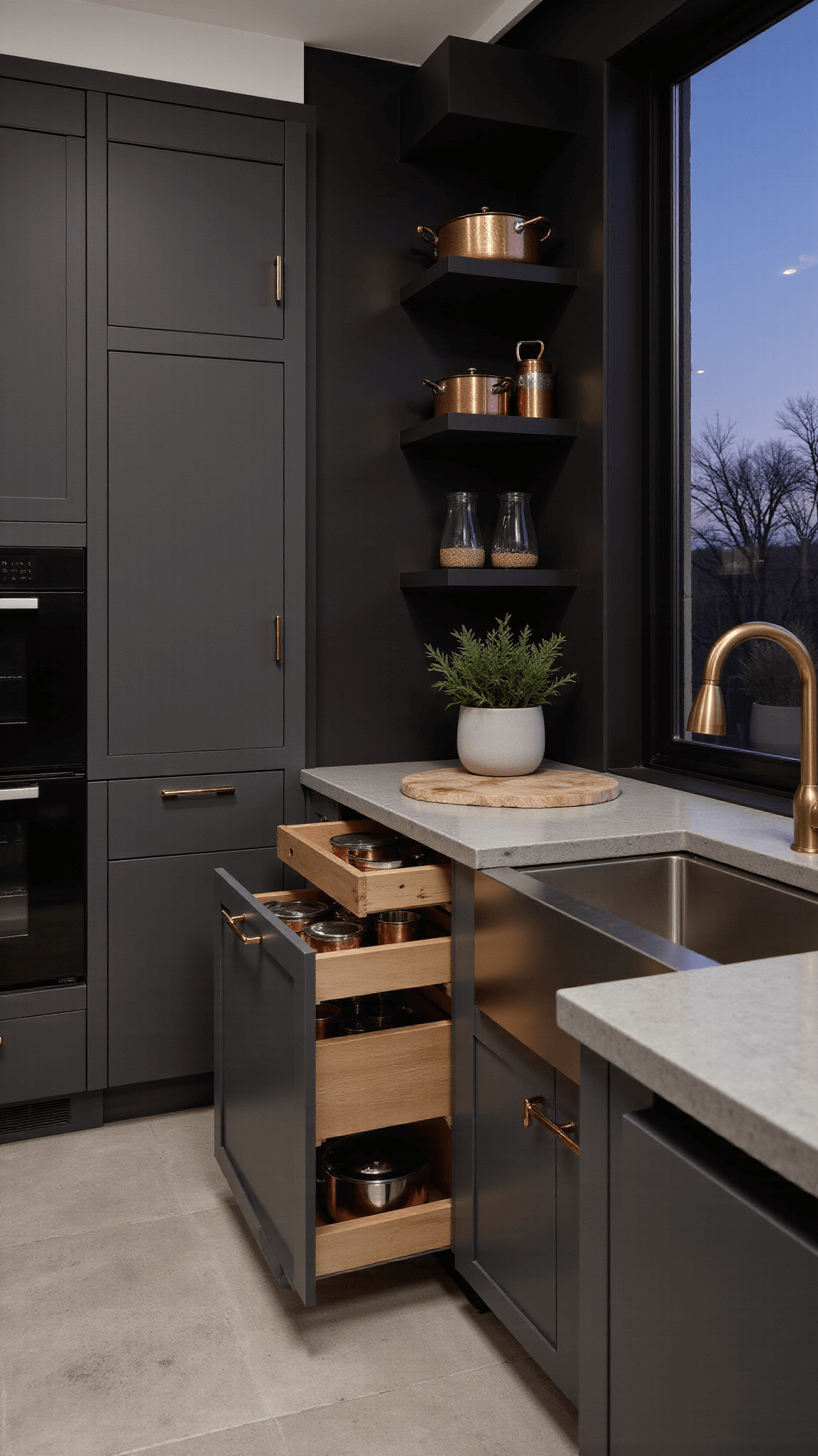 Overhead view of an intimate 10x12ft kitchen at dusk featuring innovative storage solutions like pull-out pantry systems, graphite cabinets, smart appliances, concrete countertops with brass inlay, linear LED task lighting, corner storage with rotating mechanisms, and minimal open shelving displaying copper cookware in warm graphite, polished concrete, and aged brass colors under moody directional lighting.