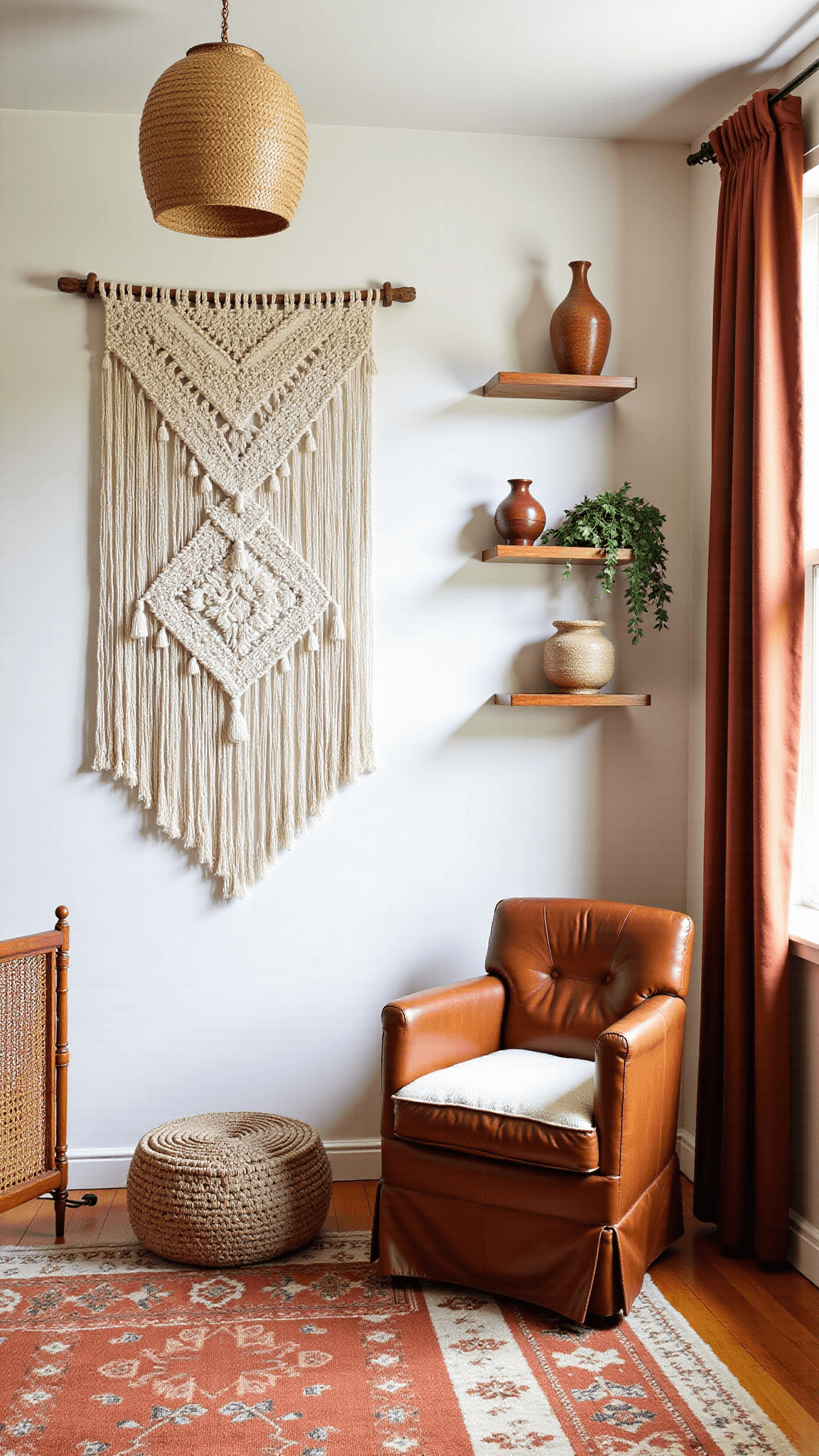 Boho chic nursery with warm ivory walls, macramé wall decor, rattan crib and furniture, vintage Persian and jute rugs, and rustic earthenware decorations under soft, filtered afternoon light