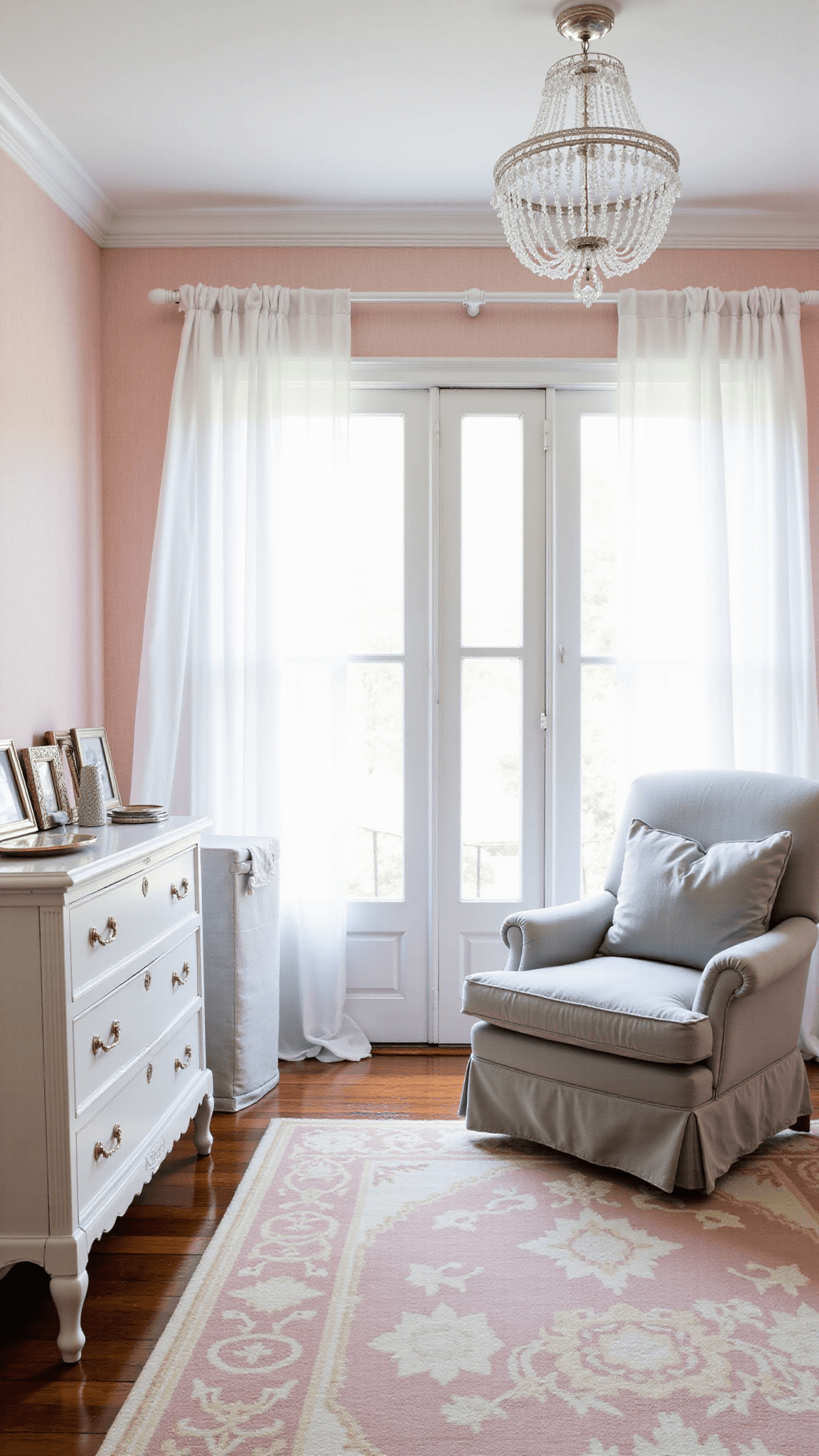 Elegant traditional nursery with morning light pouring through French doors, showcasing pale pink wallpaper, a white crib, crystal chandelier, silver velvet rocker, and a vintage-dressed white dresser on a pink and cream rug.