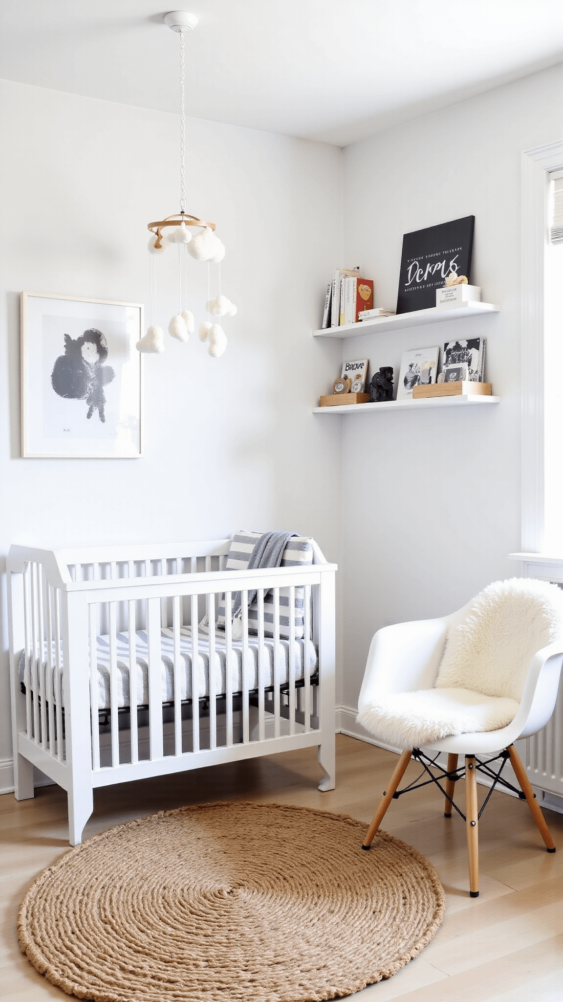Scandinavian minimalist styled nursery with white walls, birch flooring, IKEA Sundvik crib with gray and white bedding, wooden mobile, floating shelves with children's books, ghost chair with sheepskin, black and white art, and white roller blinds