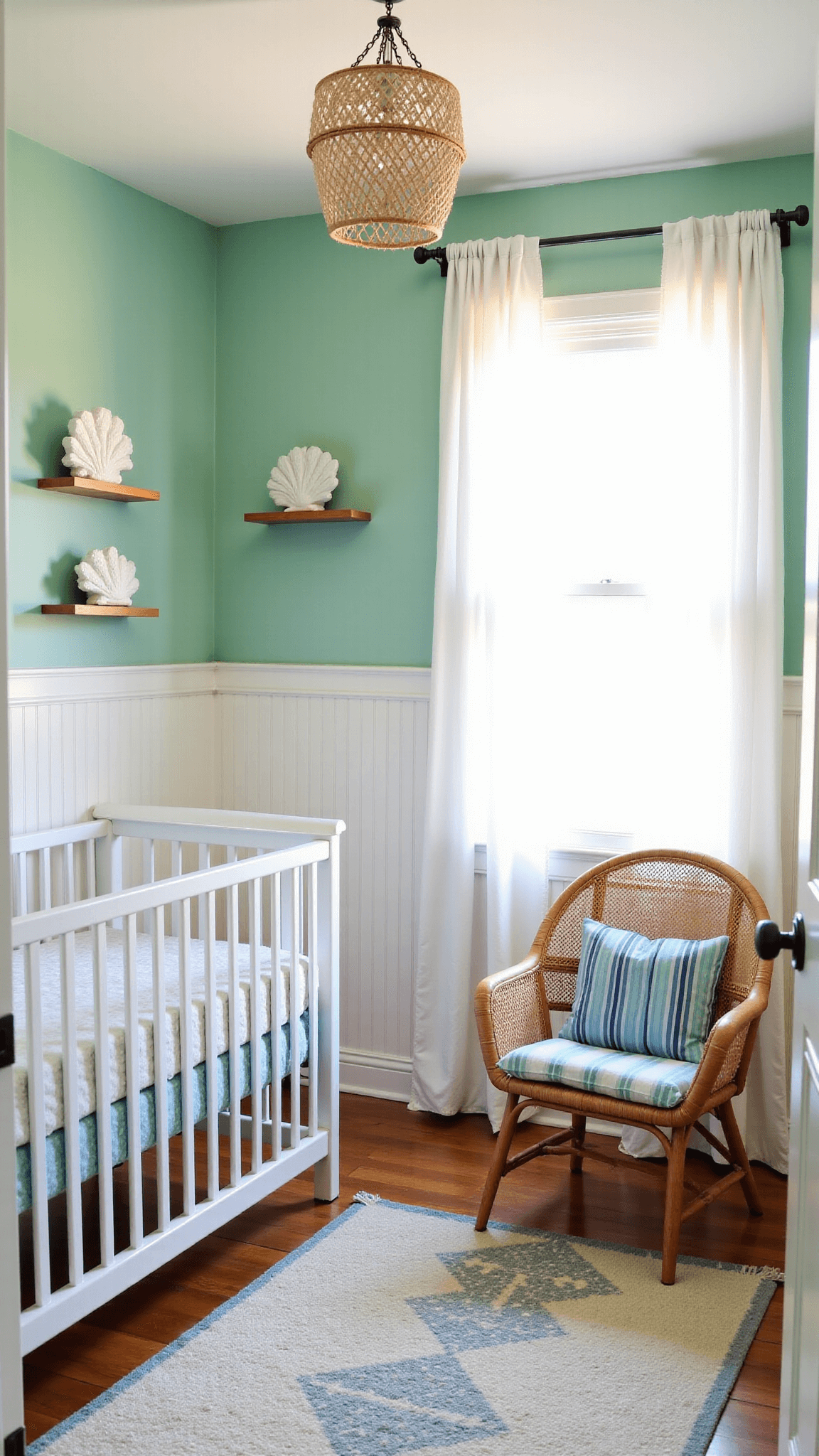 Spacious coastal-themed nursery with sea foam green walls, white crib, rattan hanging chair, capiz shell chandelier, and coral sculptures on shelves during morning golden hour