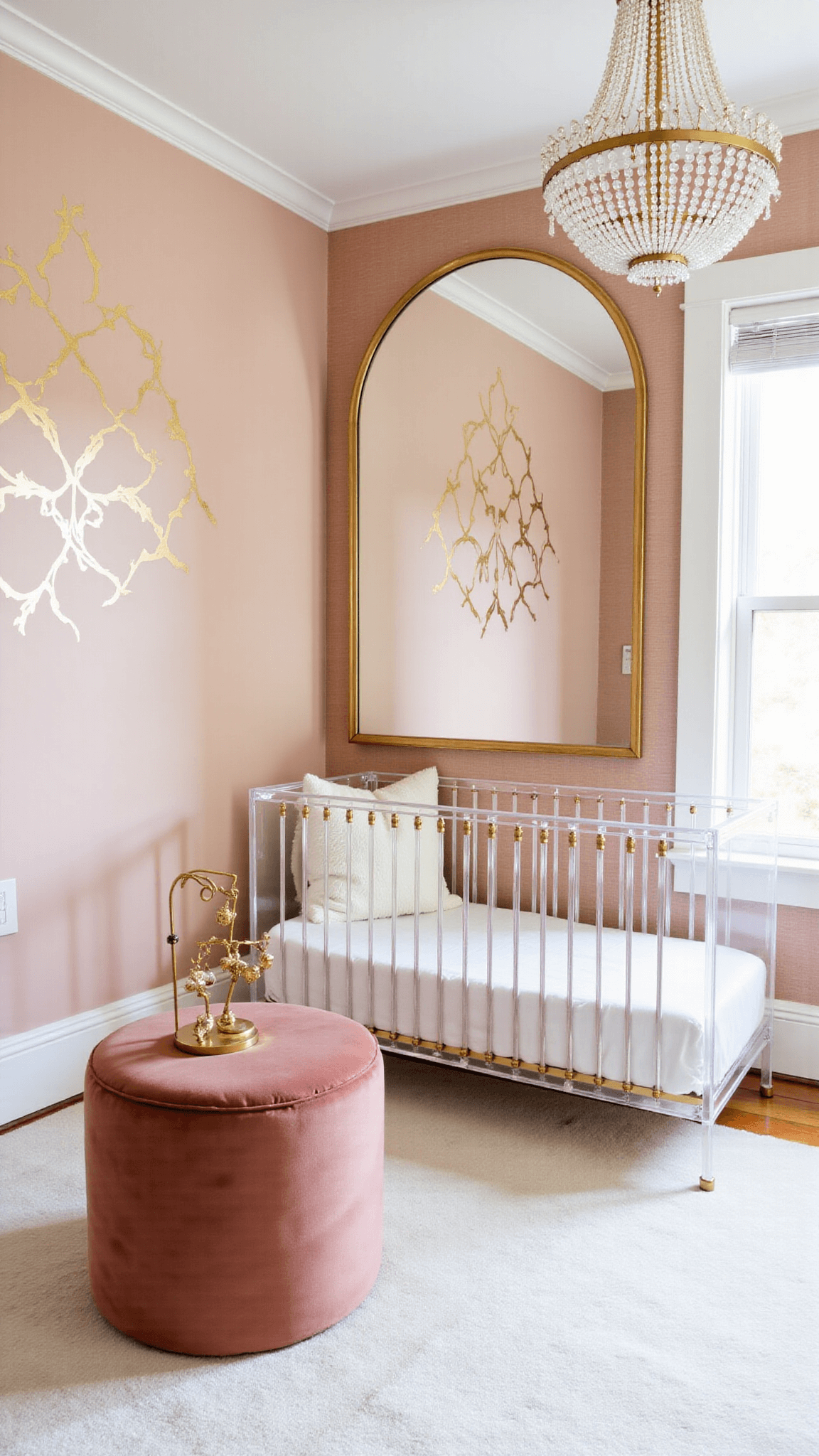Art Deco glam nursery with blush walls, gold geometric decals, modern acrylic crib, velvet ottoman, brass mobile, arched mirror, chandelier, wallpaper accent wall, ivory carpet and white fur throw in afternoon light.
