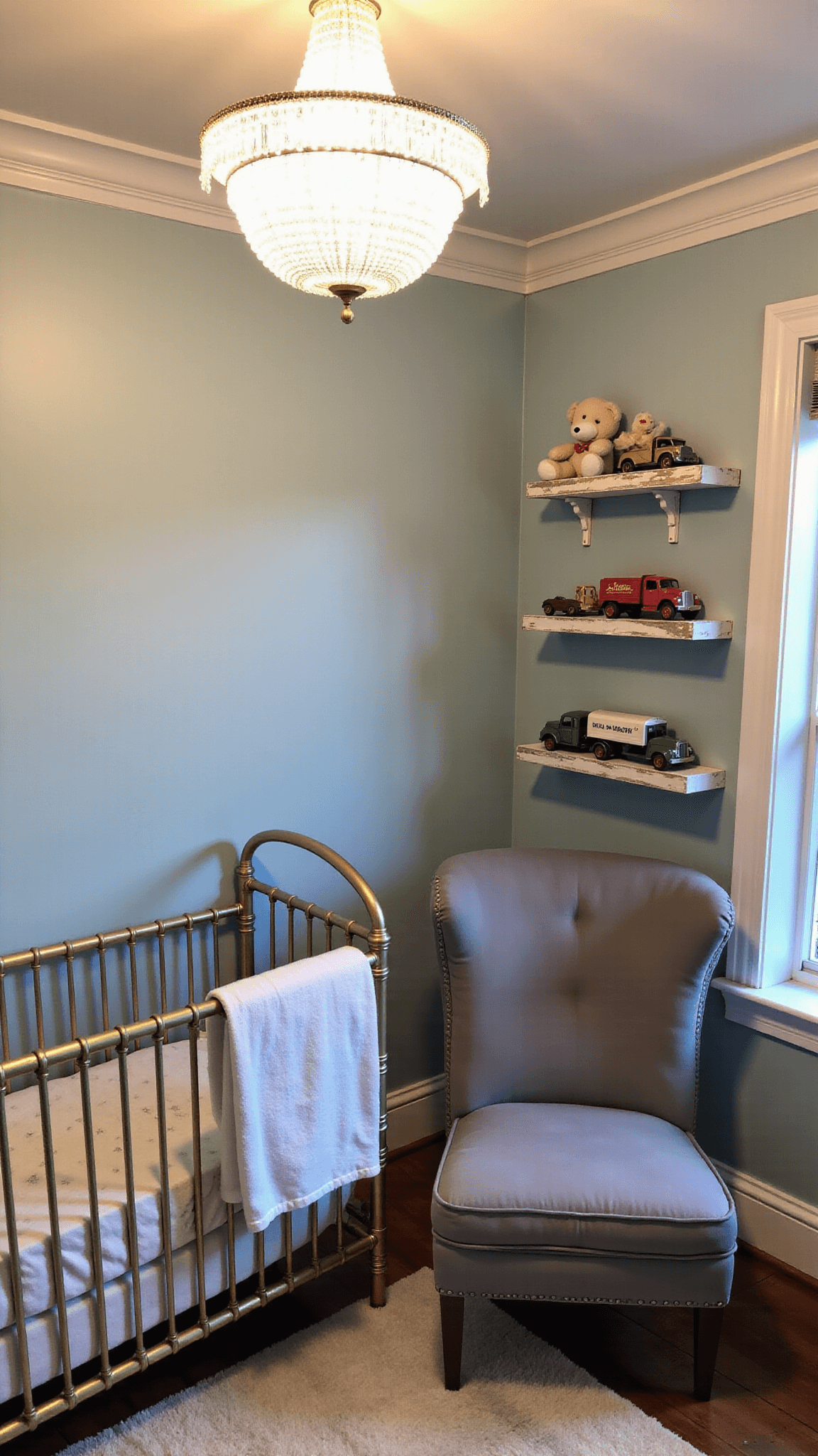 Overhead view of a vintage-inspired nursery at dusk with antique brass crib, powder blue starry wallpaper, crystal chandelier, grey velvet nursing chair and vintage toys on white shelves.