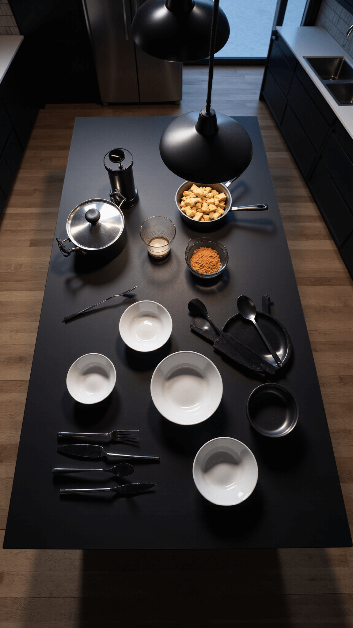 Overhead view of a sleek black quartz countertop kitchen island with mise en place bowls and professional cookware under moody pendant lighting at dusk.