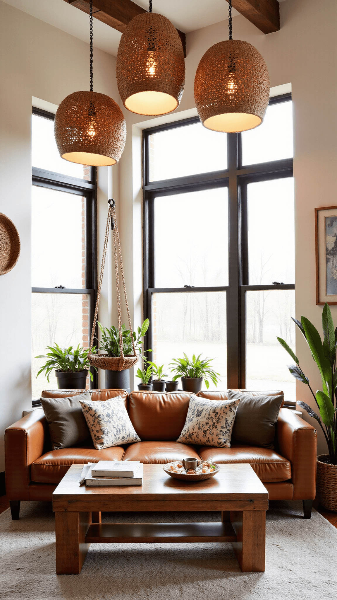 Cozy window-lined room with vintage leather sofa, rattan pendant lights, hanging chair, abstract art, woven baskets, and potted plants at golden hour.