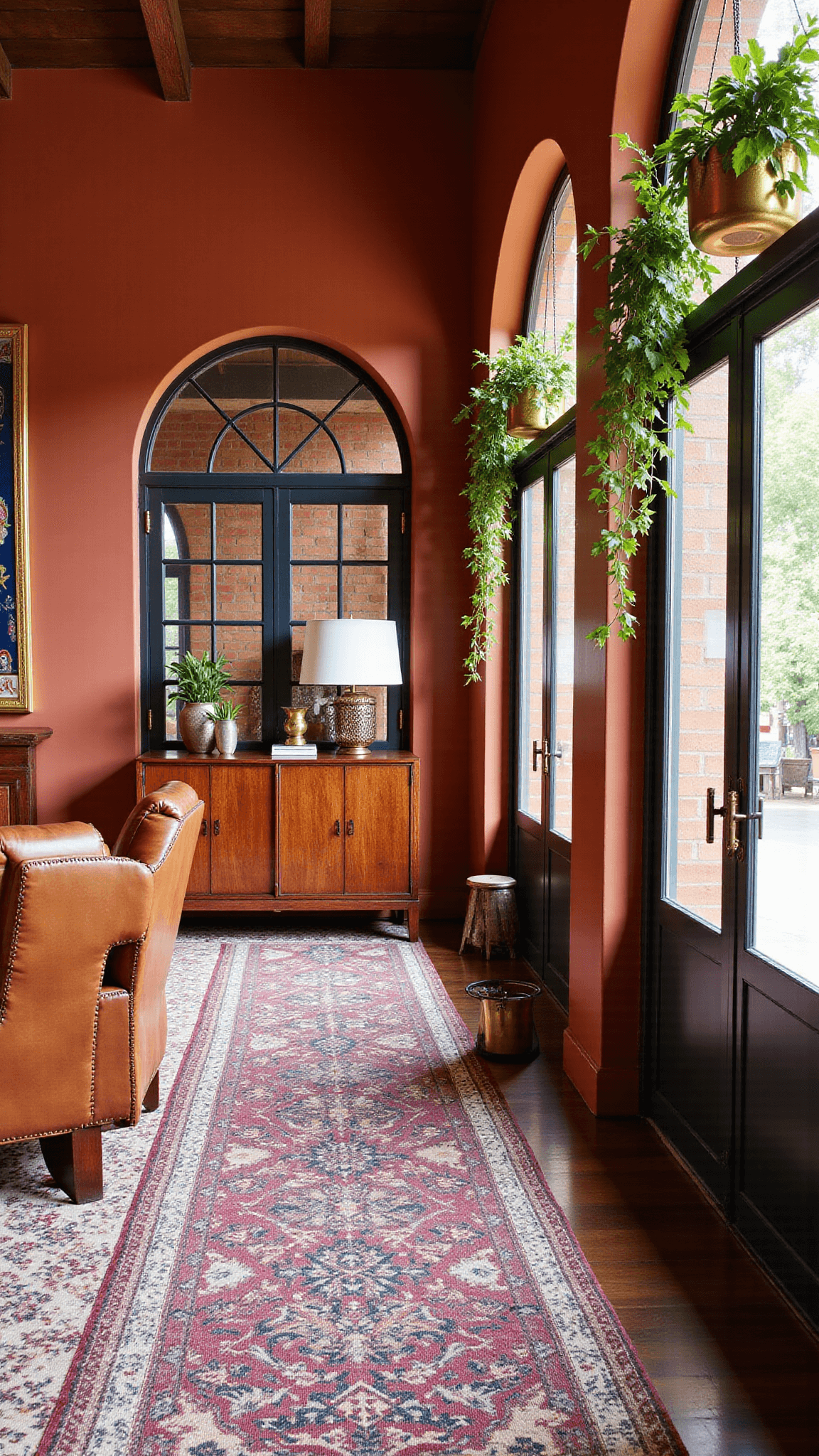Eclectic open plan space with rust-colored walls displaying tapestries and masks, mid-century modern teak credenza with brass sculptures, vintage books and pair of cognac leather club chairs next to a wooden side table, vintage Persian runners, and hanging brass planters with trailing philodendrons.