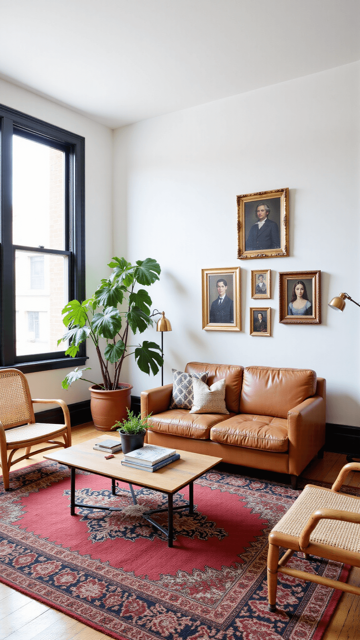 Bright morning light filling a 20x26ft Victorian living room with white walls, black-framed windows and door frames, featuring a modernist camel leather sofa on a vintage Beni Ourain rug, rattan peacock chairs, brass floor lamps, a gallery wall of mixed vintage and abstract artwork, and fiddle leaf figs in terracotta planters.