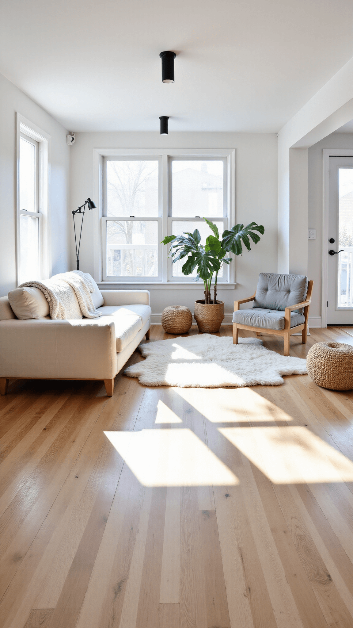 Bright, spacious Scandinavian minimalist living room with a cream sofa, gray accent chairs, natural textures, and a large monstera plant, illuminated by west-facing windows.