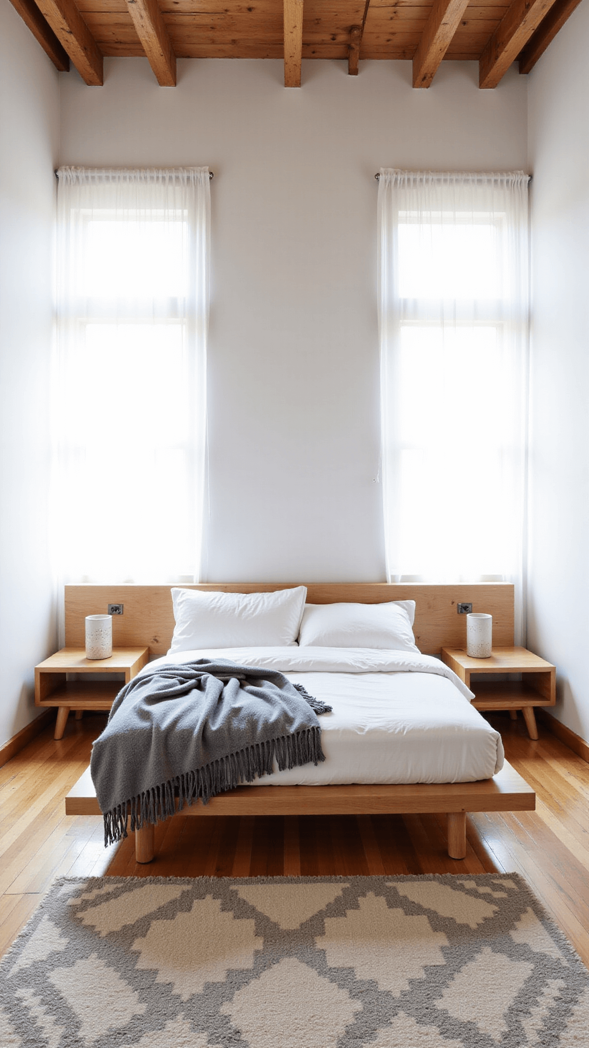 Scandinavian-styled bedroom with platform bed, floating nightstands, wool rug, and wood ceiling beams, bathed in the warm morning light