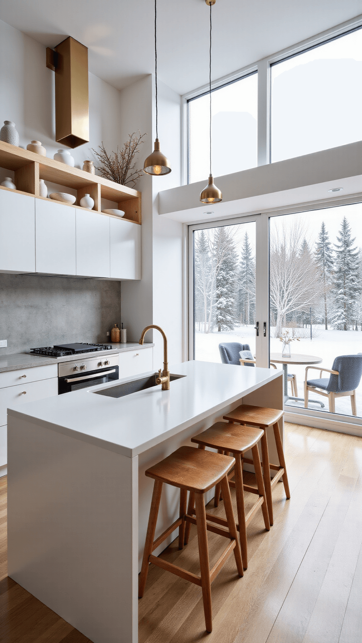 Modern Nordic-style kitchen with white cabinets, concrete countertops, wooden open shelving, and floor-to-ceiling windows overlooking a snowy landscape, illuminated by afternoon light and warm artificial lighting.