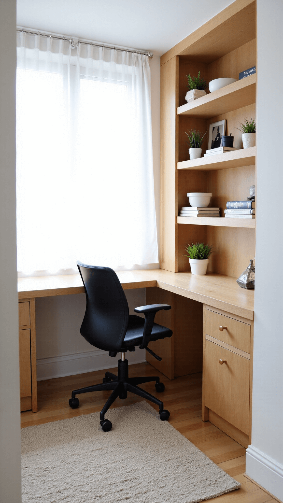Scandinavian-style home office nook with built-in desk, black chair, open shelving, and soft afternoon light filtering through sheer curtains.