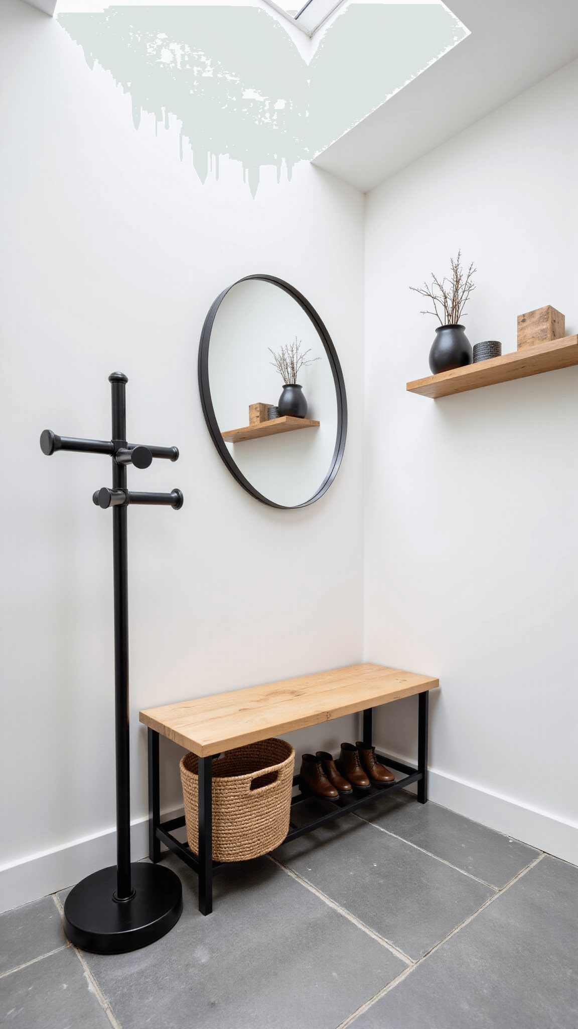 Dramatic high-ceiling entryway with black coat rack, white walls, natural wood bench, round mirror reflecting skylight, gray stone floor, and woven basket for shoe storage.