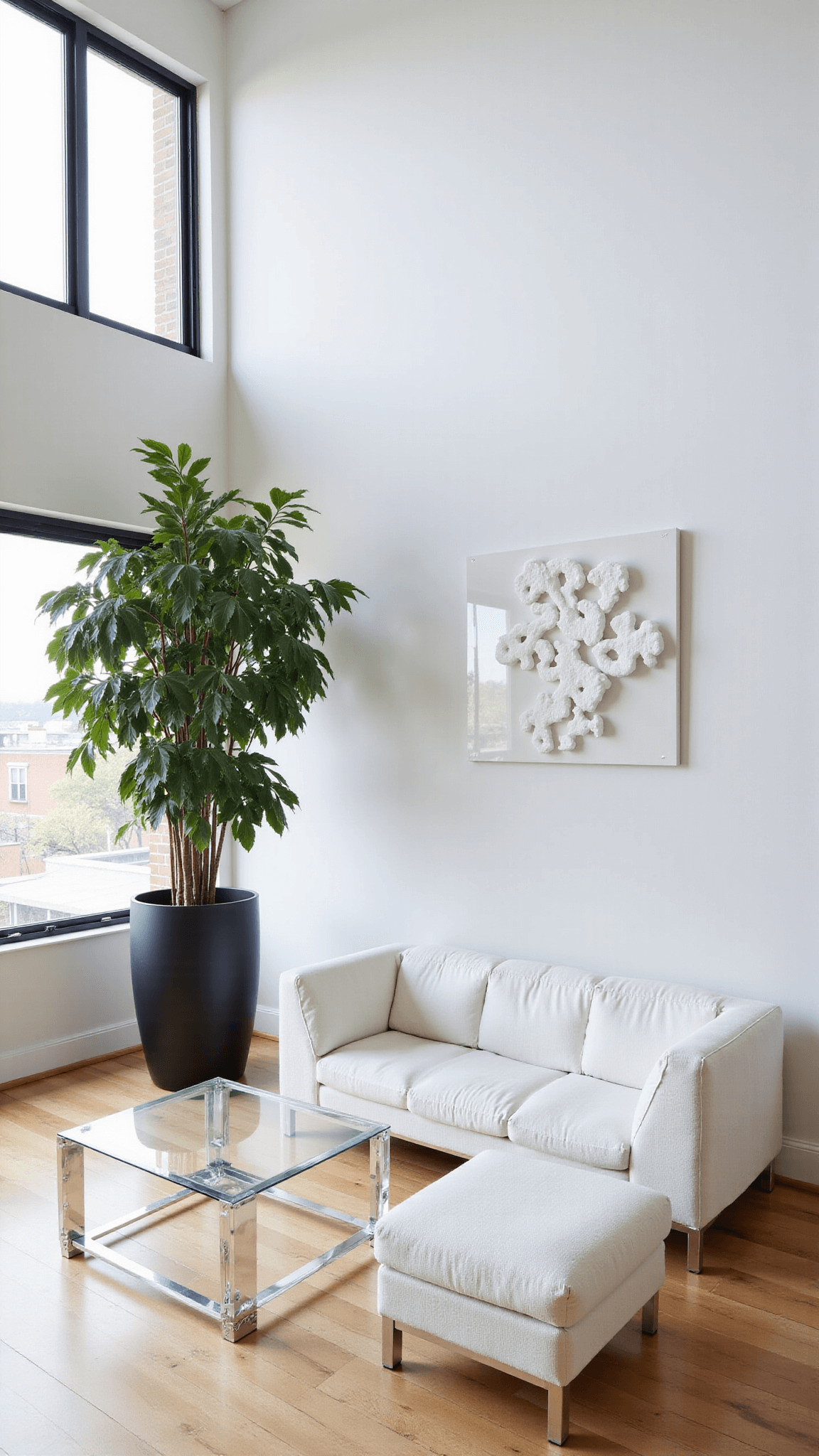 Modern, minimalist luxury 400 sq ft living space with double-height windows, curved staircase, white bouclé sectional, acrylic coffee table, oversized palm in black planter, and floating art installation, with early morning light casting dramatic shadows.