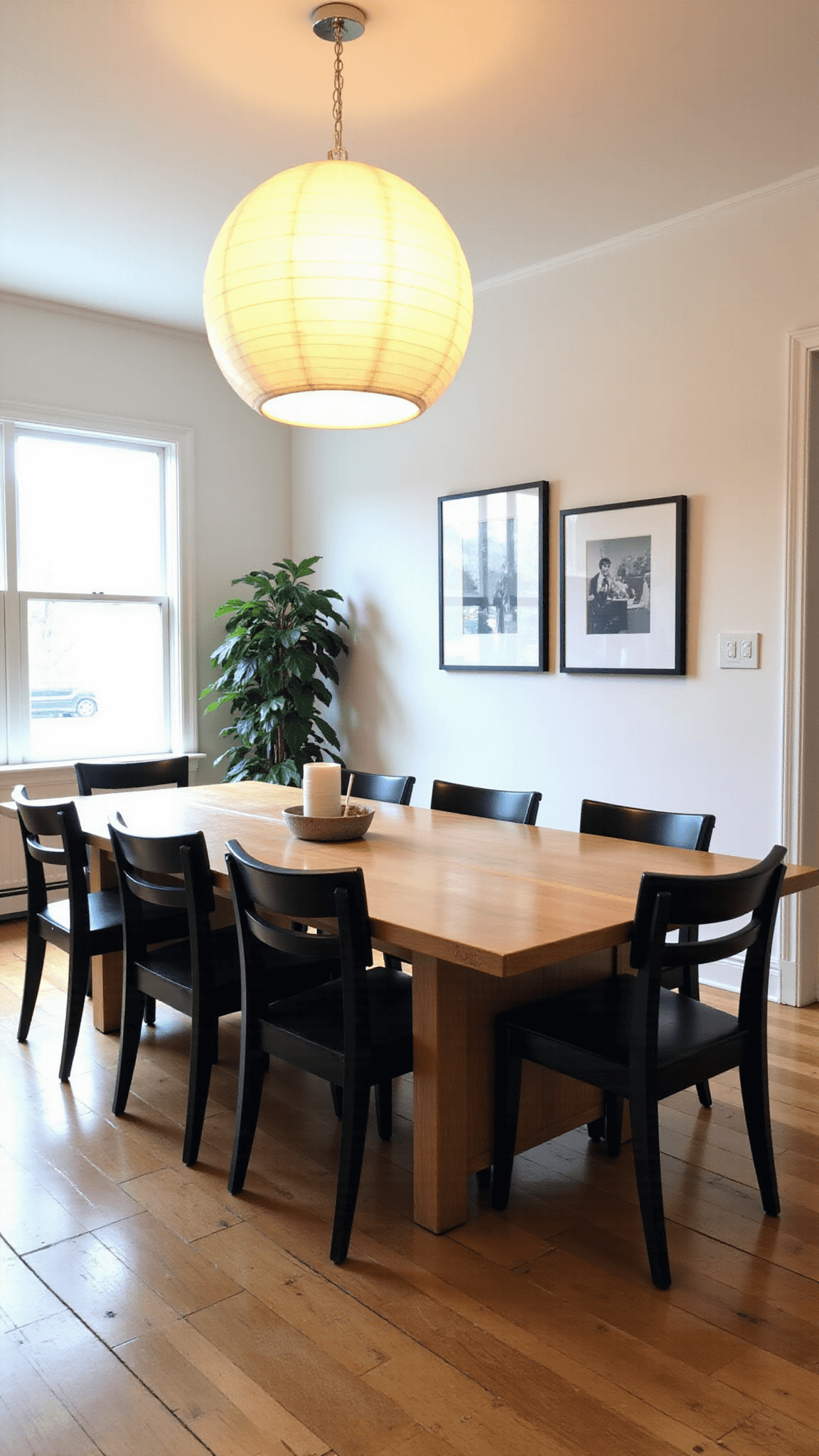 A beautiful 16x20ft dining room with a long oak table, black wooden chairs, and an oversized paper pendant lamp. White walls display a gallery of black and white photography, with a potted fiddle leaf fig in the corner. Evening light streams in from the western windows.