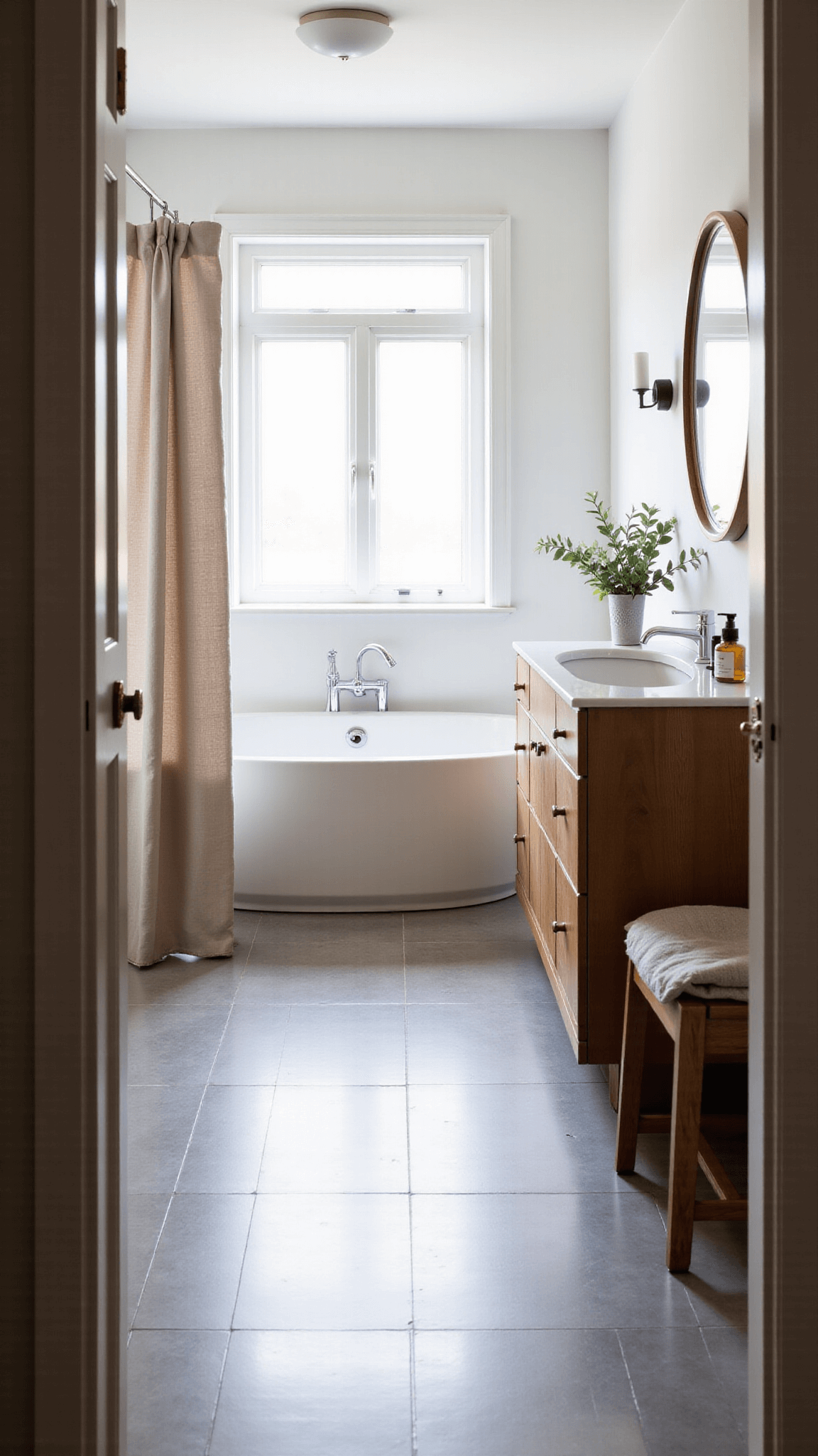Scandinavian style spa-like bathroom with warm gray tile floors, white walls, wooden vanity, oval tub under a window, and a round mirror with minimal sconces, bathed in morning light.