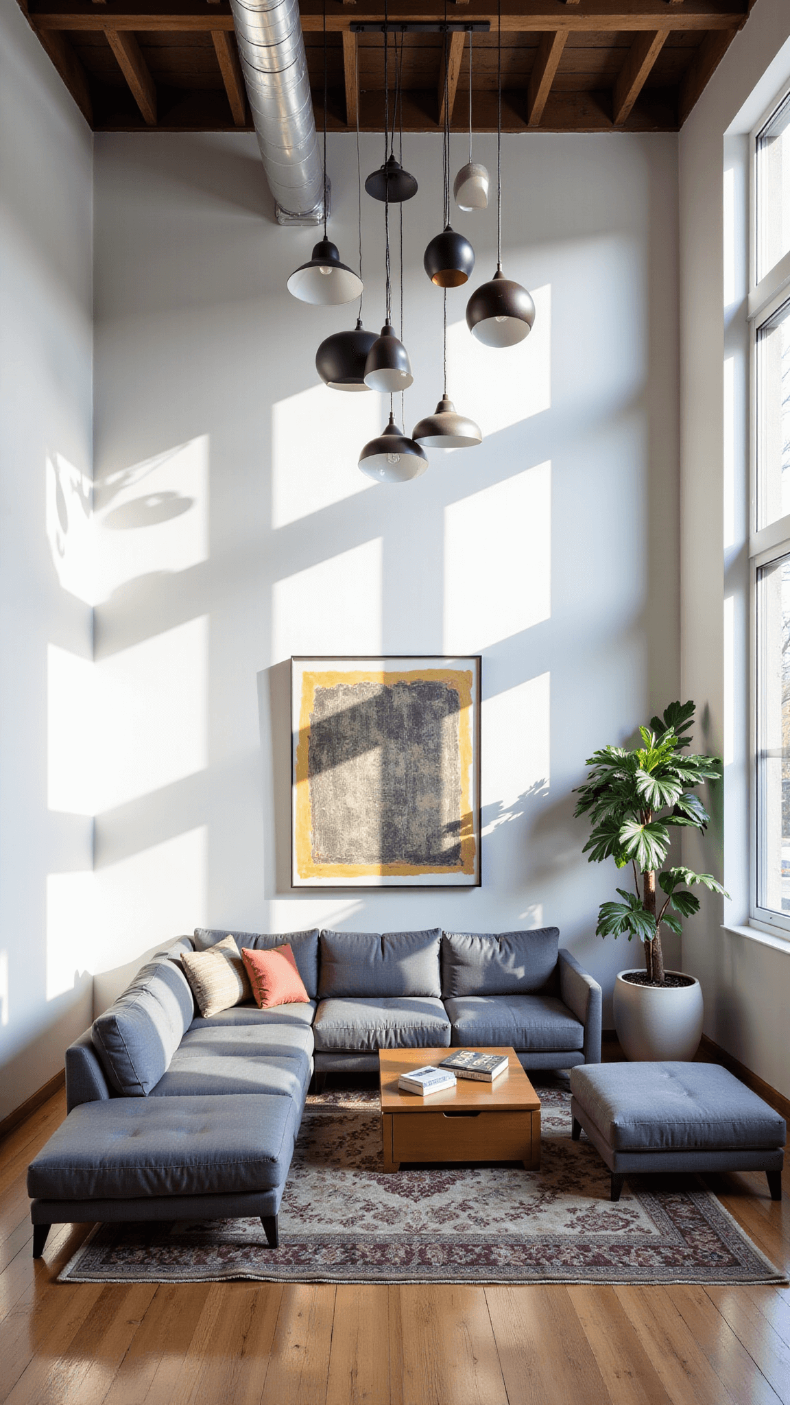 Modern living space with double-height windows, exposed ductwork, gray sofa, Persian rug, pendant lights, abstract art, and potted fig trees in late afternoon sunlight.