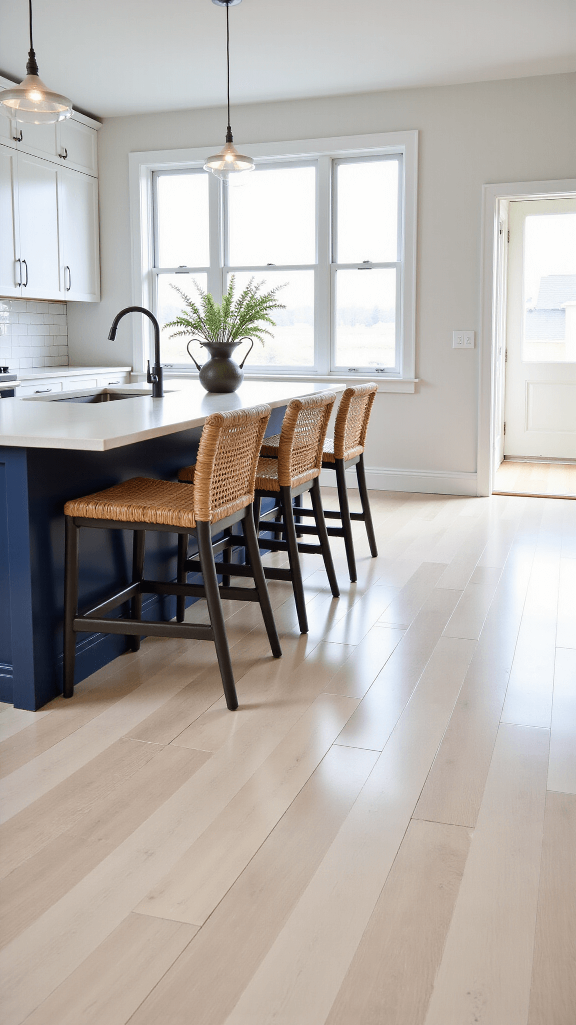 Bright open-concept kitchen with coastal white pine flooring, navy blue island, rattan barstools, and white subway tile backsplash, illuminated by midday sun through a wall of windows