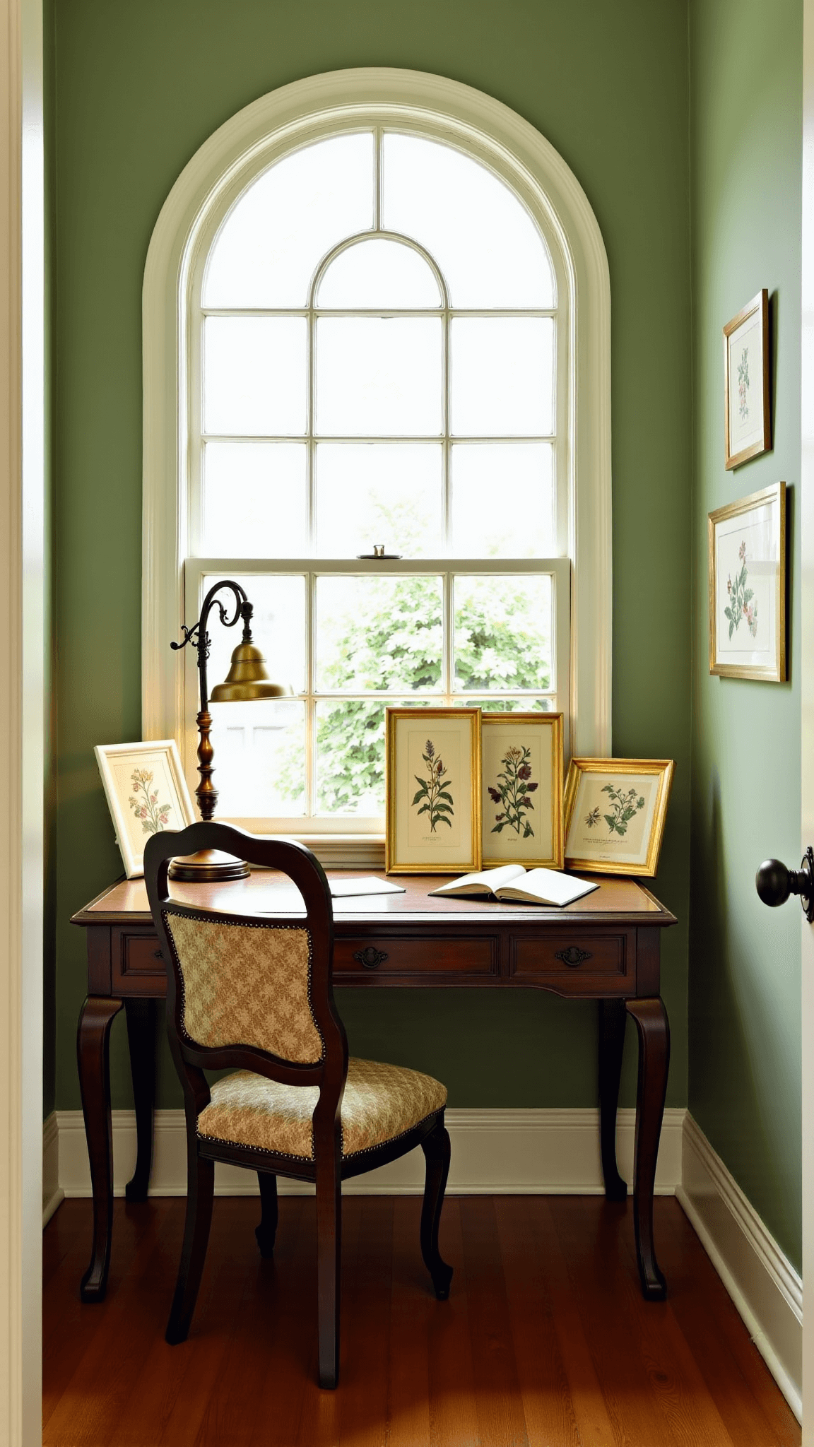 Vintage, garden-inspired workspace with botanical prints, antique brass desk lamp, and climbing roses visible through an arched window, bathed in soft afternoon light.